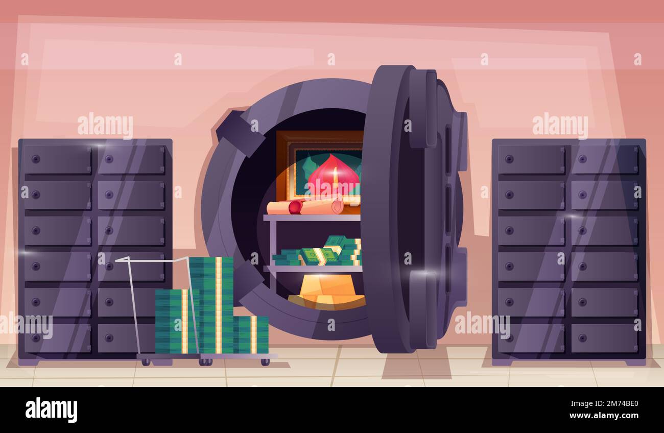 Porta della volta della banca. Deposito sicuro aperto con denaro contante lingotti d'oro all'interno, cartoon cassetta di sicurezza piatta con armadietto per concetto finanziario. Vettore illustrati Illustrazione Vettoriale Porta della volta della banca. Deposito sicuro aperto con denaro contante lingotti d'oro all'interno, cartoon cassetta di sicurezza piatta con armadietto per concetto finanziario. Vettore illustrati Illustrazione Vettoriale