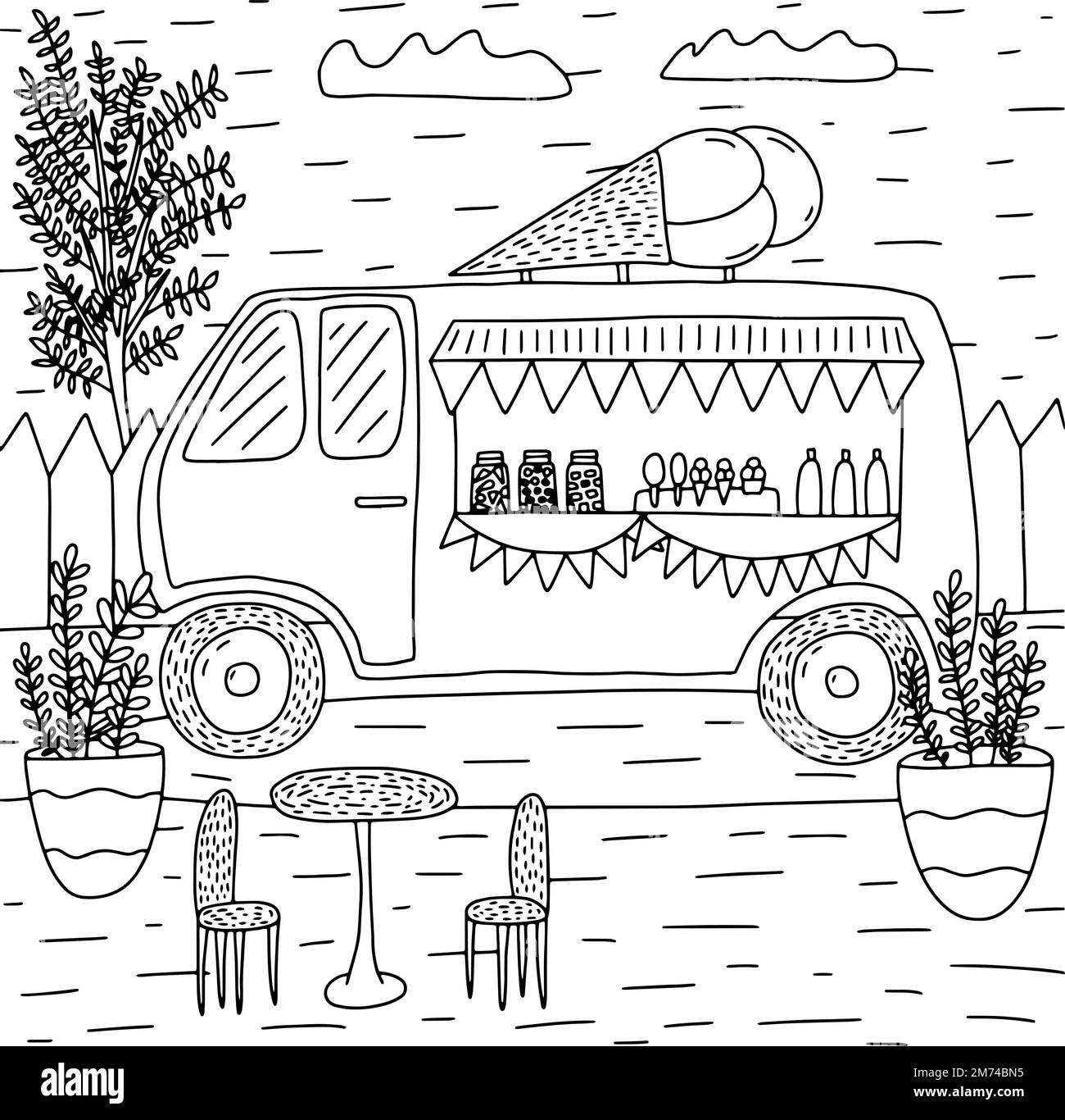 Pagina di colorazione gelato camion Illustrazione Vettoriale