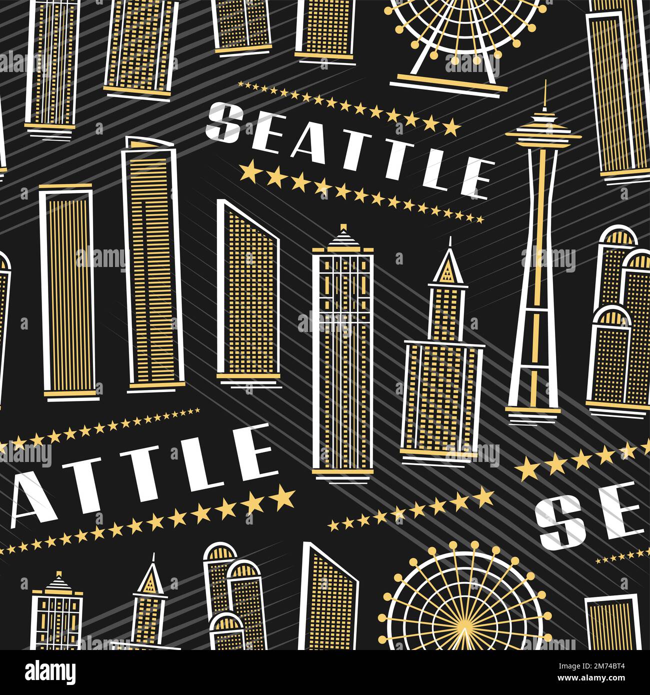 Vector Seattle Seamless Pattern, sfondo quadrato a ripetizione con illustrazione del famoso paesaggio cittadino di seattle su sfondo scuro per carta da imballaggio, decora Illustrazione Vettoriale