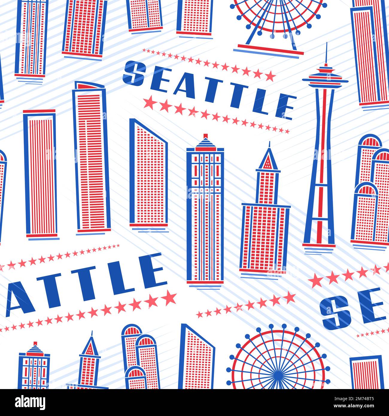 Vector Seattle Seamless Pattern, sfondo ripetuto con illustrazione del famoso paesaggio rosso della città di seattle su sfondo bianco per carta da imballaggio, arredamento Illustrazione Vettoriale