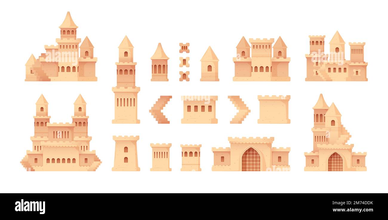 Parti di castello di sabbia. Cartoon bambini fortezza costruzioni sulla spiaggia, costruzione casa di sabbia castello costruttore stagione estiva. Set di eleme isolato da vettore Illustrazione Vettoriale