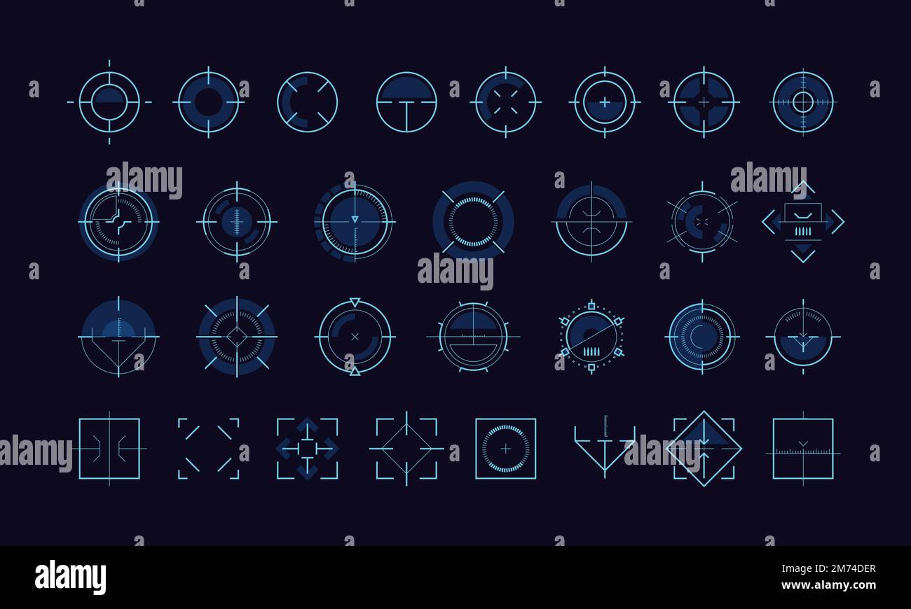 ui puntatore AIM. Telaio radar futuristico HUD, cursore cecchino per armi militari, elemento ologramma virtuale per il design infografico del cruscotto. Ve Illustrazione Vettoriale