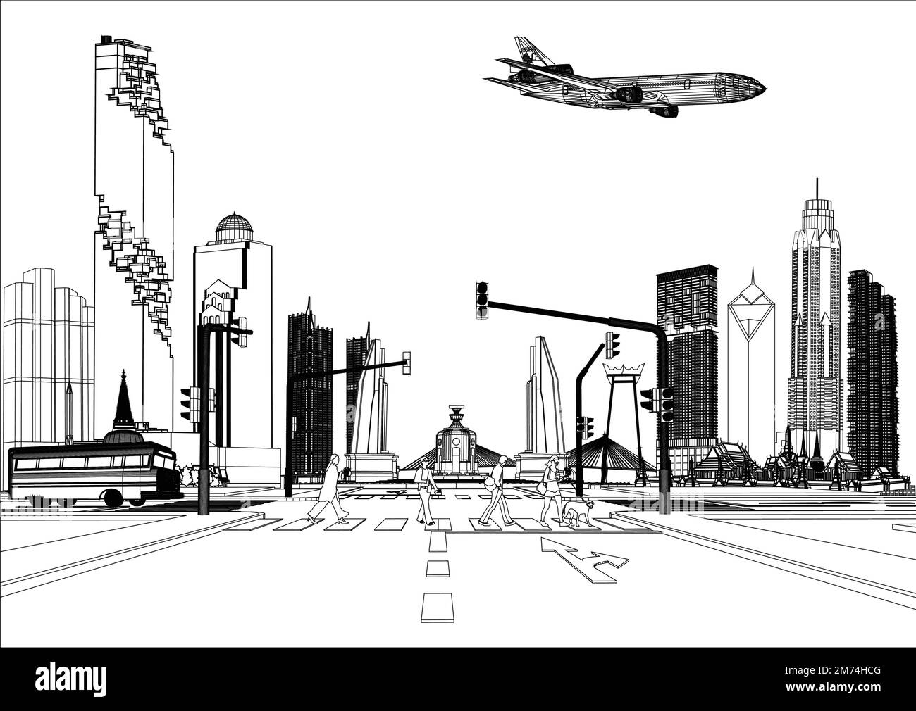 Skyline notturno di Bangkok (Thailandia). Illustrazione vettoriale. Viaggi d'affari e turismo con edifici moderni. Immagine per banner o sito Web. Illustrazione Vettoriale