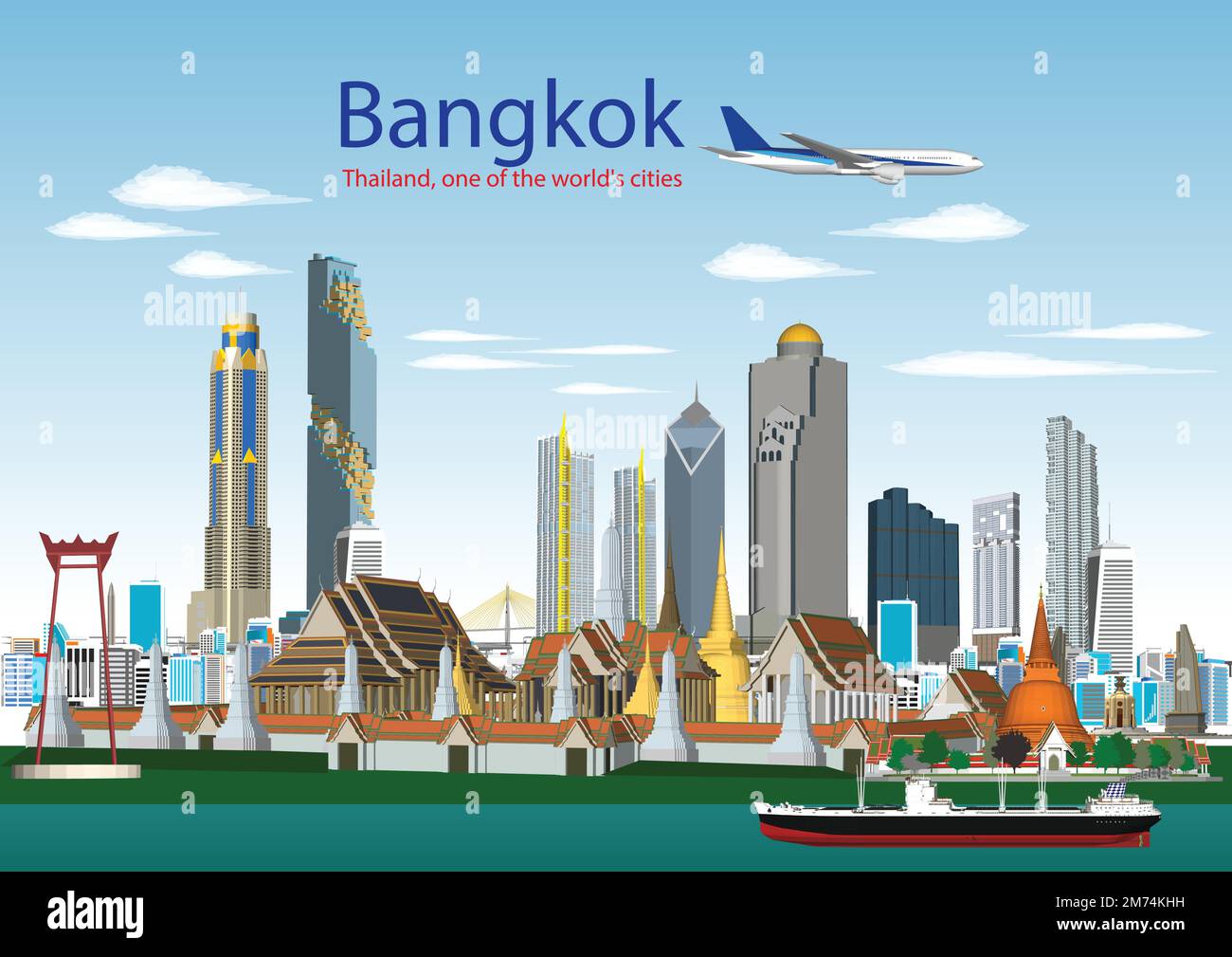 bangkok notte skyline (Thailandia) vettore illustrazione viaggio d'affari e concetto di turismo con edifici moderni immagine per banner o sito web Illustrazione Vettoriale