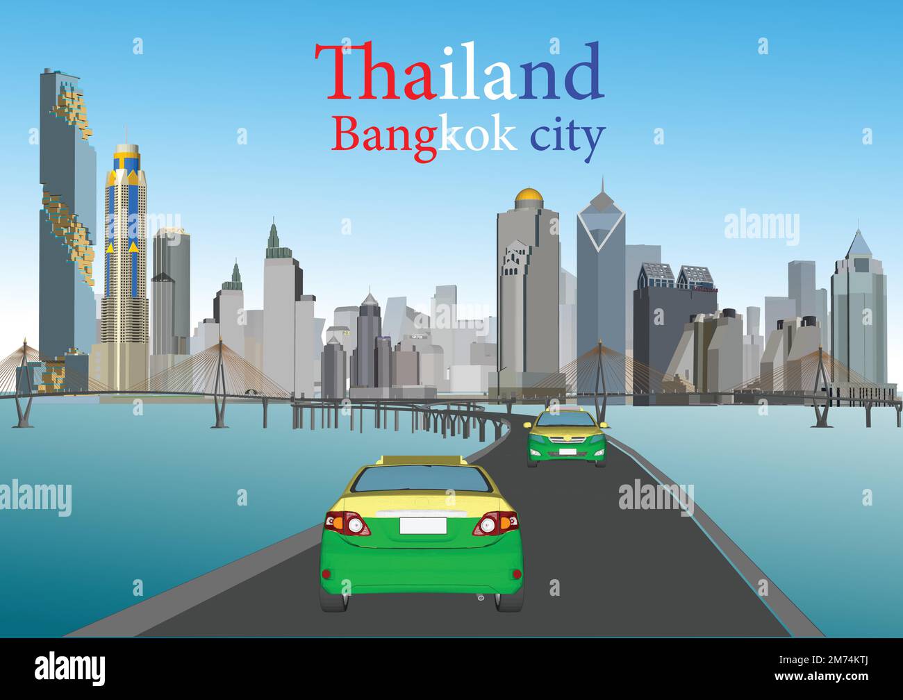 Skyline notturno di Bangkok (Thailandia). Illustrazione vettoriale. Viaggi d'affari e turismo con edifici moderni. Immagine per banner o sito Web. Illustrazione Vettoriale