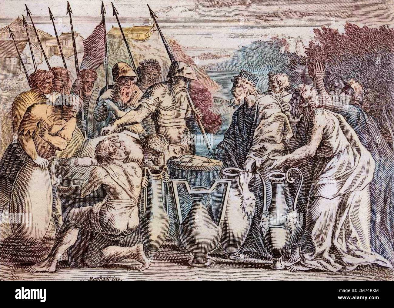 La Bibbia par le Sieur de Royaumont, Antico Testamento : Abraham delivre Loth. Abraham sauve Loth figlio neveu d'entre les Mains des ennemis. Le Grand Pretre Melchisedech (Melchisedec ou Melchizedek ou Melkisedeq ou Melki-Tsedeq ou Melki Tsedeq) le benit. Le roi de Sodome lui offre les depouilles, qu'il refuse. Gravure de 1811 - la Bibbia di Royaumont, Antico Testamento : Abramo consegna Lot. Abramo salva Lot suo nipote dalle mani dei nemici. Il grande sacerdote Melchisedech (Melchisedec o Melchizedek o Melkisedeq o Melki-Tsedeq o Melki Tsedeq) lo benedice. Il re di Sodoma gli offre i resti, Foto Stock