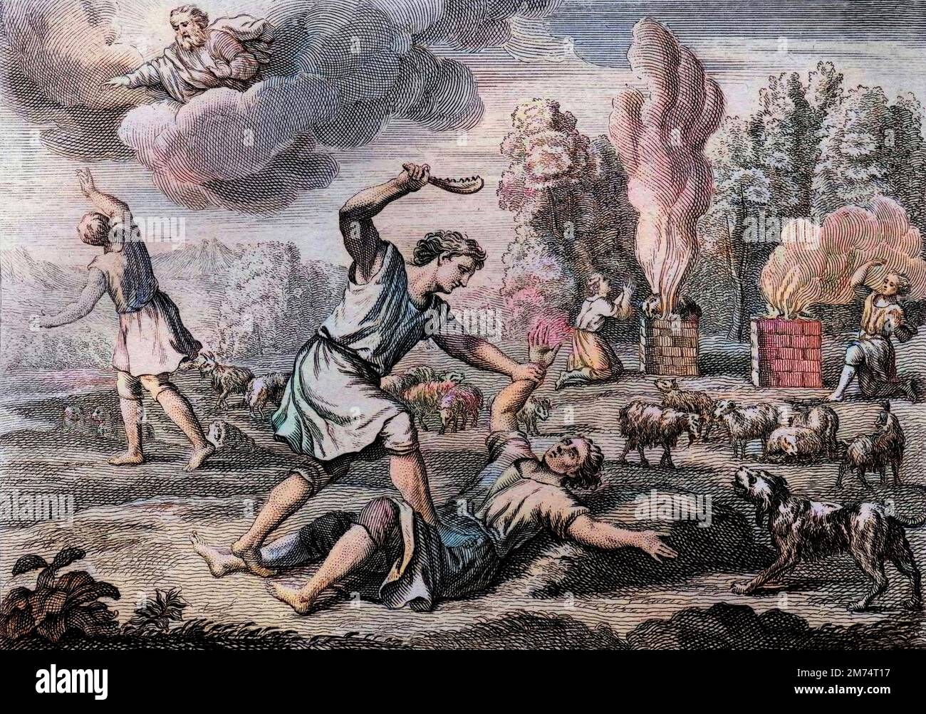 La Bibbia par le Sieur de Royaumont, Antico Testamento : Meurtre d'Abel. Cain etant transporte d'envie contre Abel son frere, le fait sortir dans la campagne comme pour se promener, et le tue. Gravure de 1811 - la Bibbia di Royaumont, Antico Testamento : assassina di Abele. Caino, commosso per invidia contro Abele suo fratello, lo porta in campagna come per una passeggiata, e lo uccide. Incisione - colorazione successiva Foto Stock