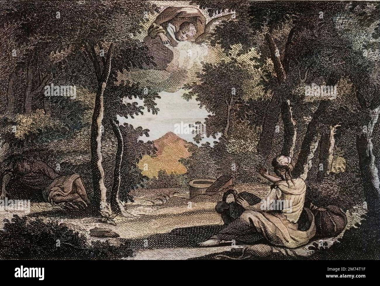 La Bibbia par le Sieur de Royaumont, Antico Testamento : Fuite d'Agar. Agar (Hagar) s'eleve conte Sara (Sarah) sa maitresse. Sara chatie figlio insolence avec severite. Agar ne la peut souffrir et s'enfuit du logis dans le Desert, ou un Ange lui parle pour la faire retourner avec Sara. Gravure de 1811 - la Bibbia di Royaumont, Antico Testamento : fuga di Hagar. Hagar (Hagar) sorge contro Sara (Sarah) sua padrona. Sara punisce la sua insolenza con severità. Hagar non può sopportarlo e fugge dalla sua casa nel deserto, dove un angelo le parla per fare ritorno a Sarah. Incisione - colorazione successiva Foto Stock