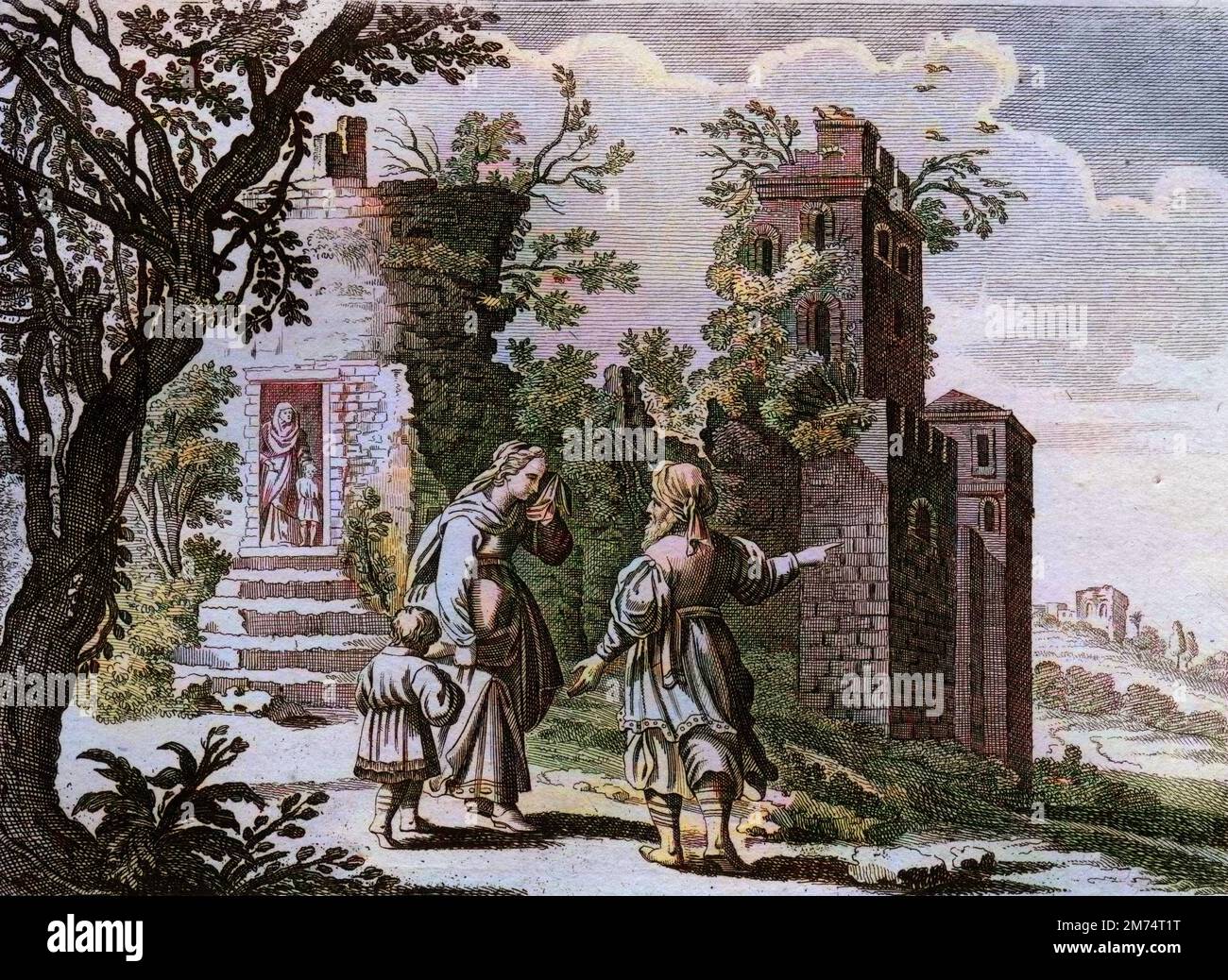 La Bibbia par le Sieur de Royaumont, Antico Testamento : Ismael chasse. Sara (Sarah) voyant qu'lsmael, fils d Agar (Hagar), traitait mal le petit Isaac, elle pria Abraham de la renvoyer avec son fils, afin qu'Isaac fut seul heritier selon les promesses de Dieu. Gravure de 1811 - la Bibbia di Royaumont, Antico Testamento : la caccia all'Ishmael. Sara (Sara) vedendo che Ismaele, figlio di Hagar, stava trattando male il piccolo Isacco, chiese ad Abramo di mandarla via con suo figlio, affinché Isacco fosse l'unico erede secondo le promesse di Dio. Incisione - colorazione successiva Foto Stock