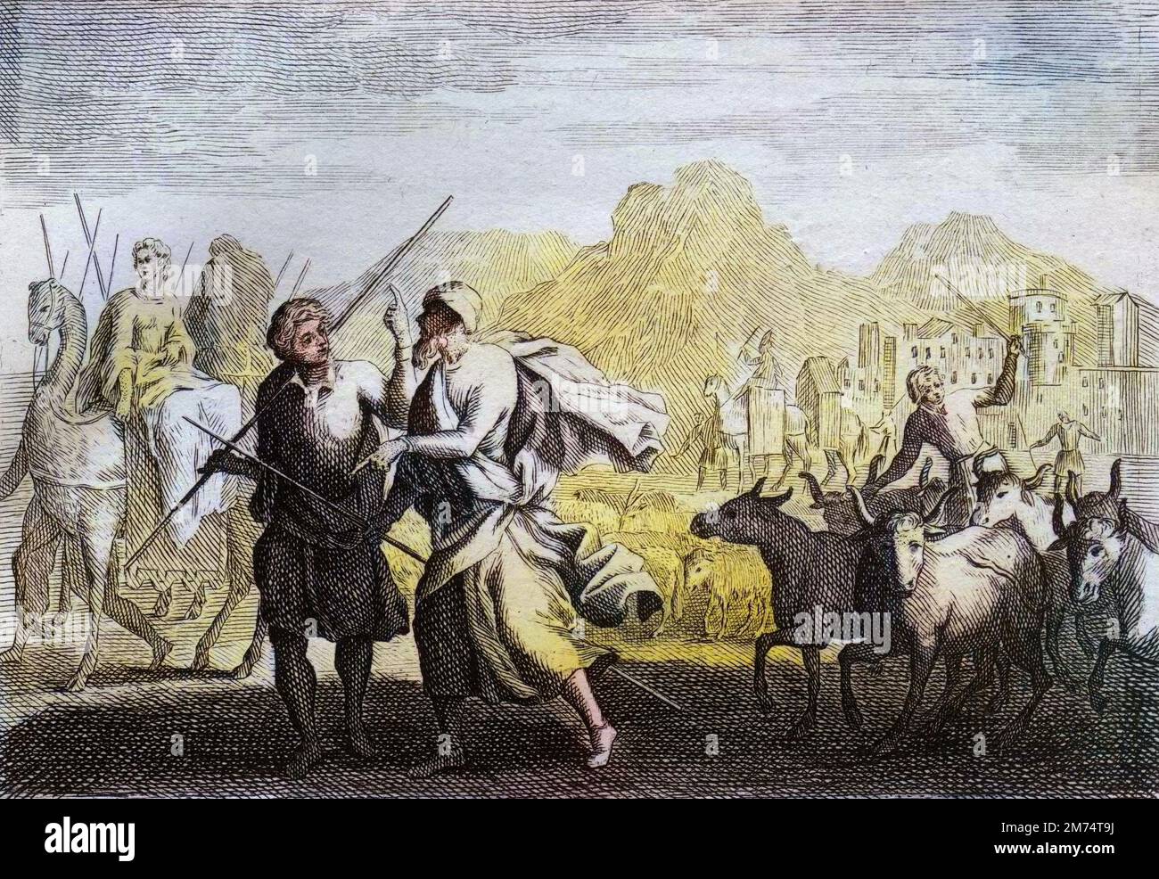 La Bibbia par le Sieur de Royaumont, Ancien Testament : Vocation d'Abraham. Dieu appelle Abraham, et lui commande de quitter le Pays des Chaldeens pour venir dans une terre qu'il promettait de lui donner. Gravure de 1811 - la Bibbia di Royaumont, Antico Testamento : la vocazione di Abramo. Dio chiama Abramo e gli comanda di lasciare la terra dei Caldei per venire in una terra che Egli promise di dargli. Incisione - colorazione successiva Foto Stock