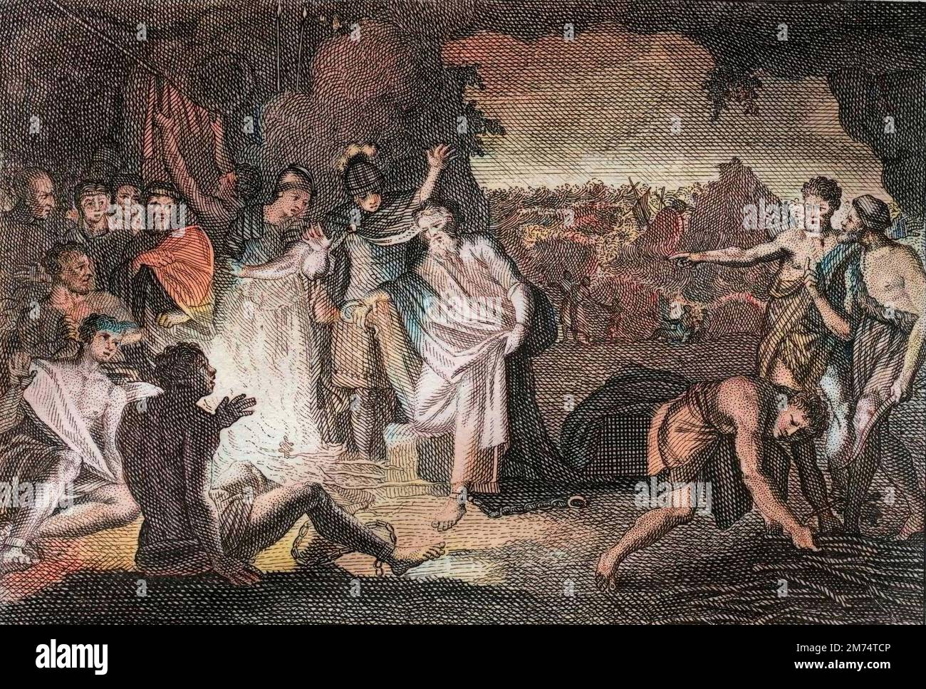 La Bibbia par le Sieur de Royaumont, Nouveau Testamento : Naufrage de Saint Paul. Il est mordu d'une vipere sans en recevoir de mal. Gravure de 1811 - la Bibbia di Royaumont, nuovo Testamento : naufragio di San Paolo. È morso da una vipera senza ricevere alcun danno. Incisione - colorazione successiva Foto Stock