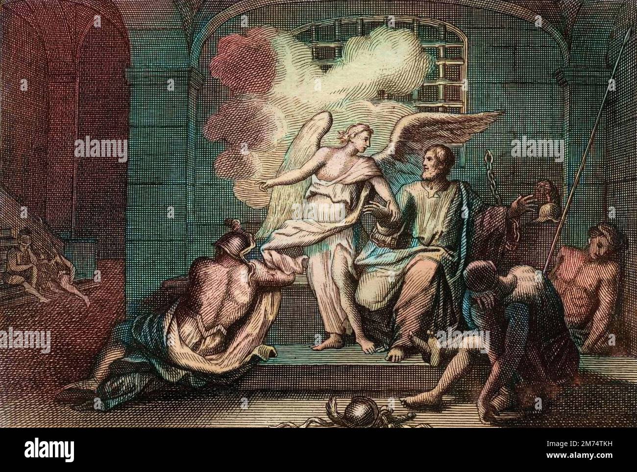 La Bibbia par le Sieur de Royaumont, Nouveau Testamento : Saint Pierre delivre de Prison. Saint Pierre est delivre, durant la nuit, de la carcery, par un Ange. Gravure de 1811 - la Bibbia di Royaumont, nuovo Testamento : San Pietro liberato dalla prigione. San Pietro viene liberato dalla prigione durante la notte da un angelo. Incisione - colorazione successiva Foto Stock