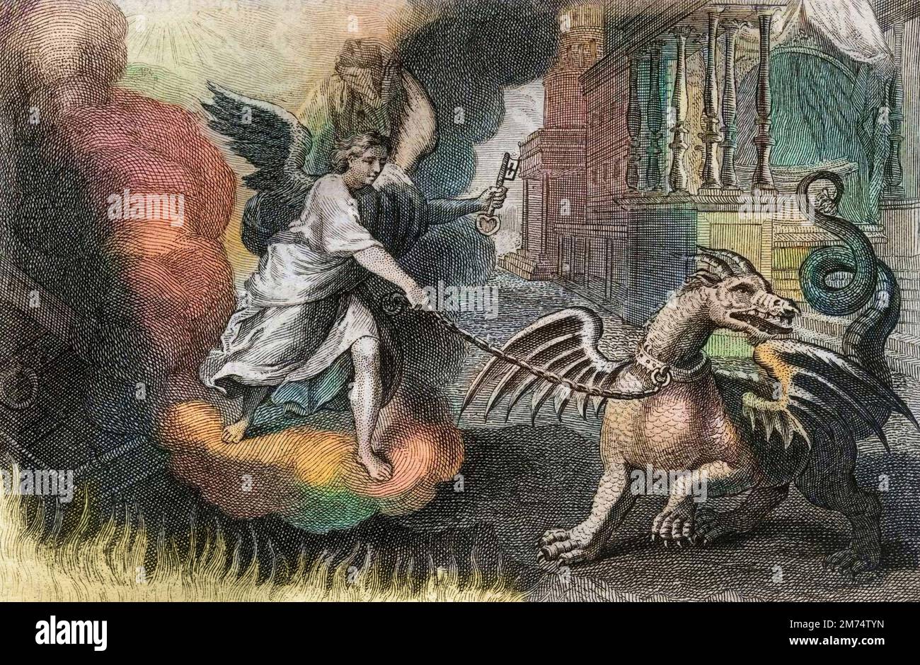 La Bibbia par le Sieur de Royaumont, Nouveau Testamento : Dragon enchaine. Le Dragon de l'Apocalypse, symeme du Diable, enchaine par un Ange tenant la cle de l'abime. Gravure de 1811 - la Bibbia de Royaumont, nuovo Testamento : Dragon enchaine. Il Drago dell'Apocalisse, simbolo del Diavolo, incatenato da un Angelo che tiene la chiave dell'abisso. Incisione - colorazione successiva Foto Stock