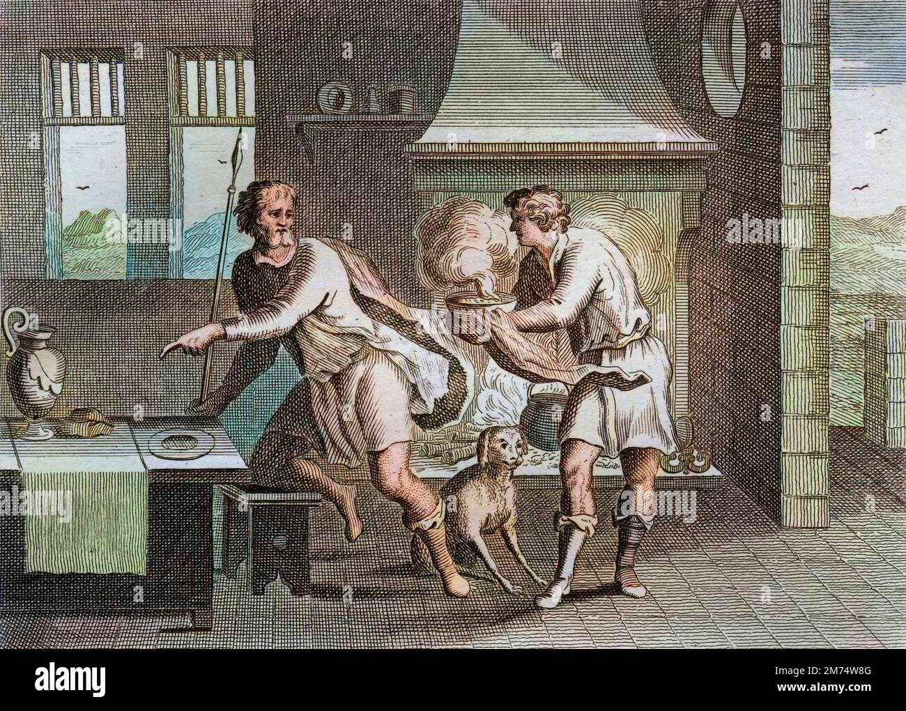 La Bibbia par le Sieur de Royaumont, Antico Testamento : Jacob et Esau. Esau vendette un figlio frere Jacob figlio droit d'ainesse pour un peu de lentilles. Gravure de 1811 - la Bibbia di Royaumont, Antico Testamento : Giacobbe ed Esaù. Esaù vende al fratello Giacobbe la sua primogenitura per qualche lenticchia. Incisione - colorazione successiva Foto Stock