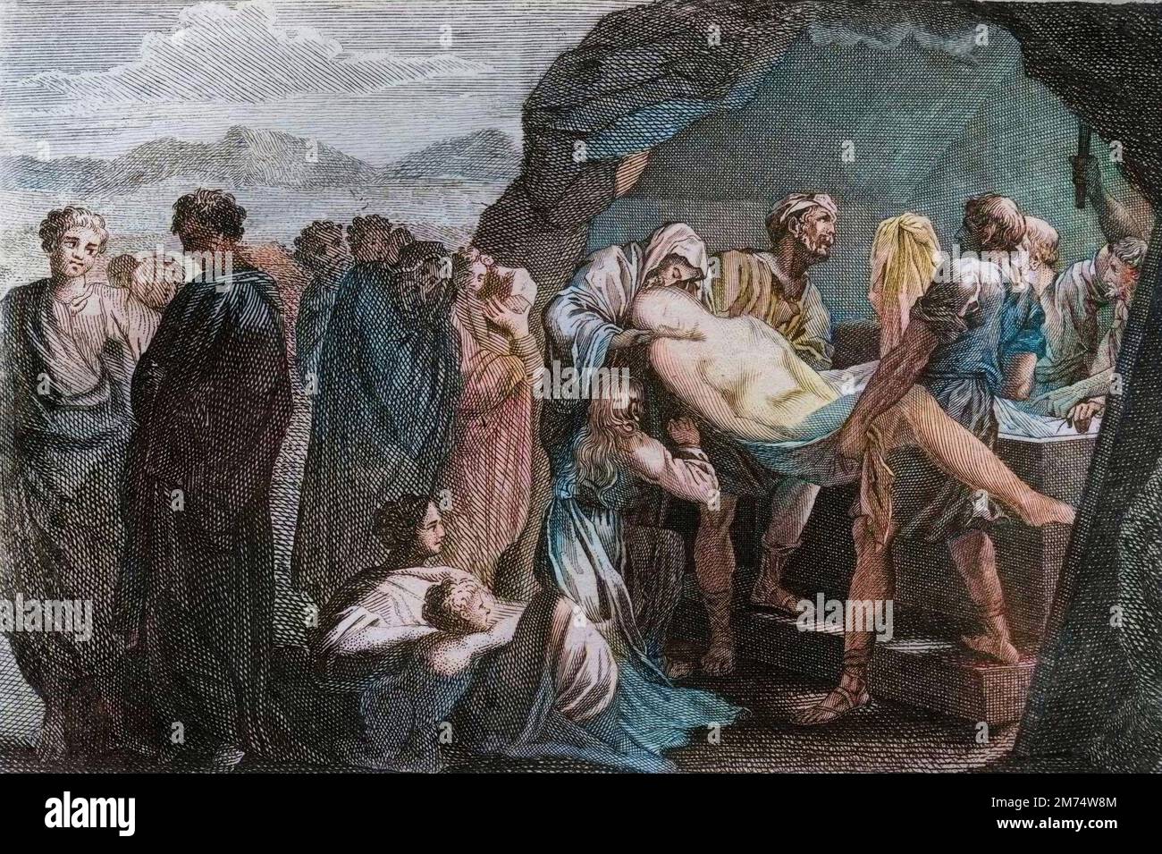 La Bibbia par le Sieur de Royaumont, Antico Testamento : Mort de Sara. Sara (Sara) meurt. Abraham pour l'enterrer achete un sepolcre de ceux de la ville de Geth. Gravure de 1811 - la Bibbia di Royaumont, Antico Testamento : morte di Sara. Sara (Sarah) muore. Abraham compra un sepolcro da quelli nella città di Geth per seppellirla. Incisione - colorazione successiva Foto Stock