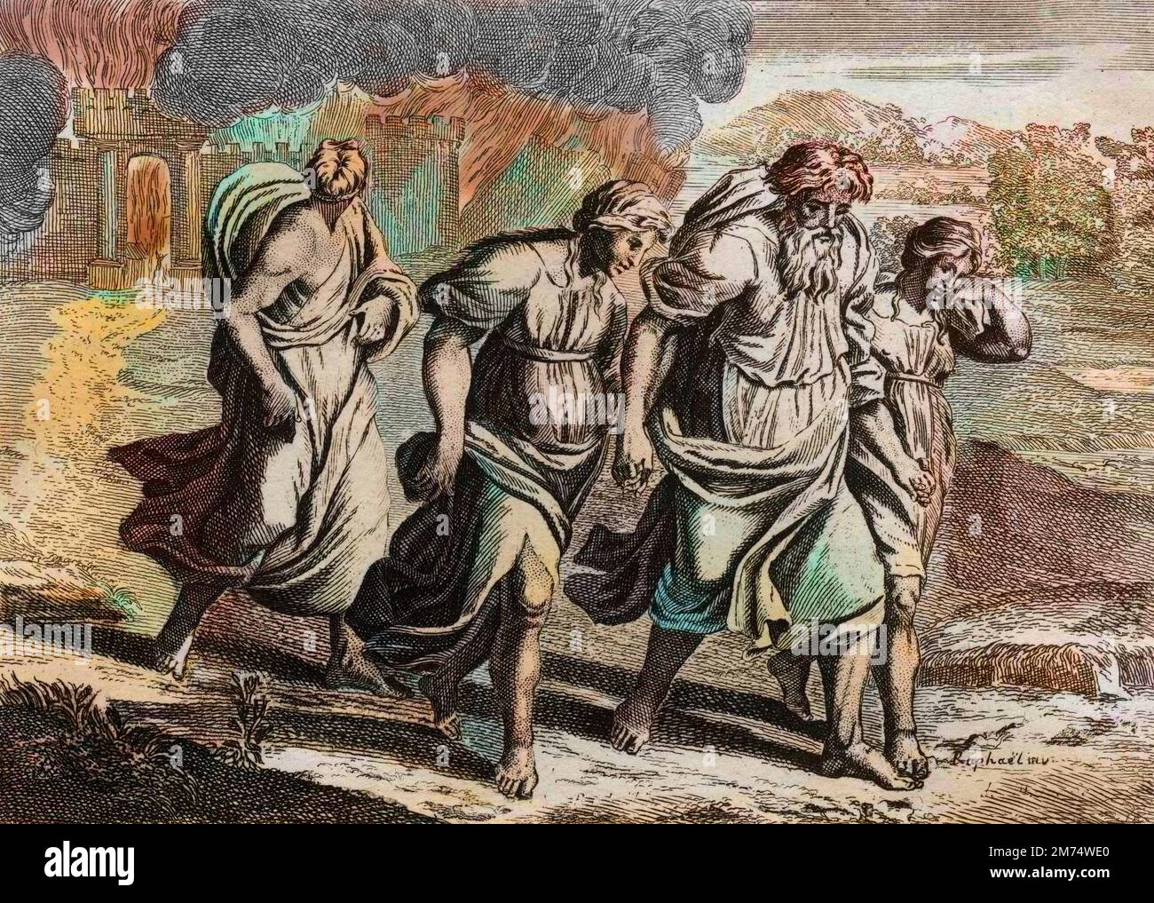 La Bibbia par le Sieur de Royaumont, Antico Testamento : Sodome brulee. Dieu irrite contre les Crimes abominables de Sodome, la brule avec les autres villes voisines, par une pluie de feu et de soufre qu'il y repandit du ciel (Loth, ses filles et sa femme fuyant la ville). Gravure de 1811 - la Bibbia di Royaumont, Antico Testamento : Sodoma bruciato. Dio, arrabbiato dai crimini abominevoli di Sodoma, lo bruciò con le altre città vicine, da una pioggia di fuoco e di zolfo che versò dal cielo (Lot, le sue figlie e sua moglie fuggono dalla città). Incisione - colorazione successiva Foto Stock