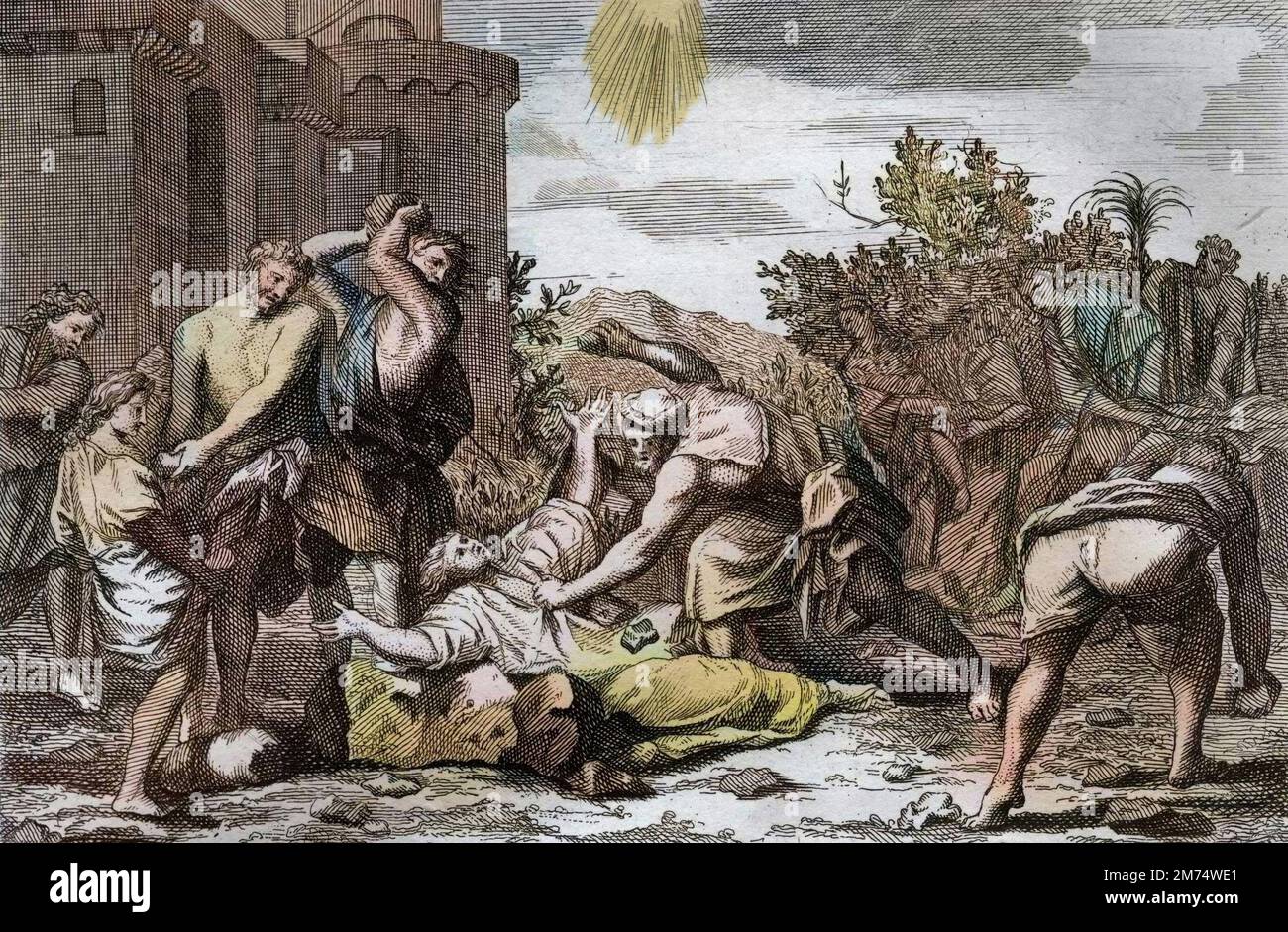 La Bibbia par le Sieur de Royaumont, Testamento in Nouveau : Mort de saint Etienne, primo martire chretien, par lapidation. Gravure de 1811 - la Bibbia di Royaumont, nuovo Testamento : morte di Santo Stefano, primo martire cristiano, per lapidazione. Incisione - colorazione successiva Foto Stock