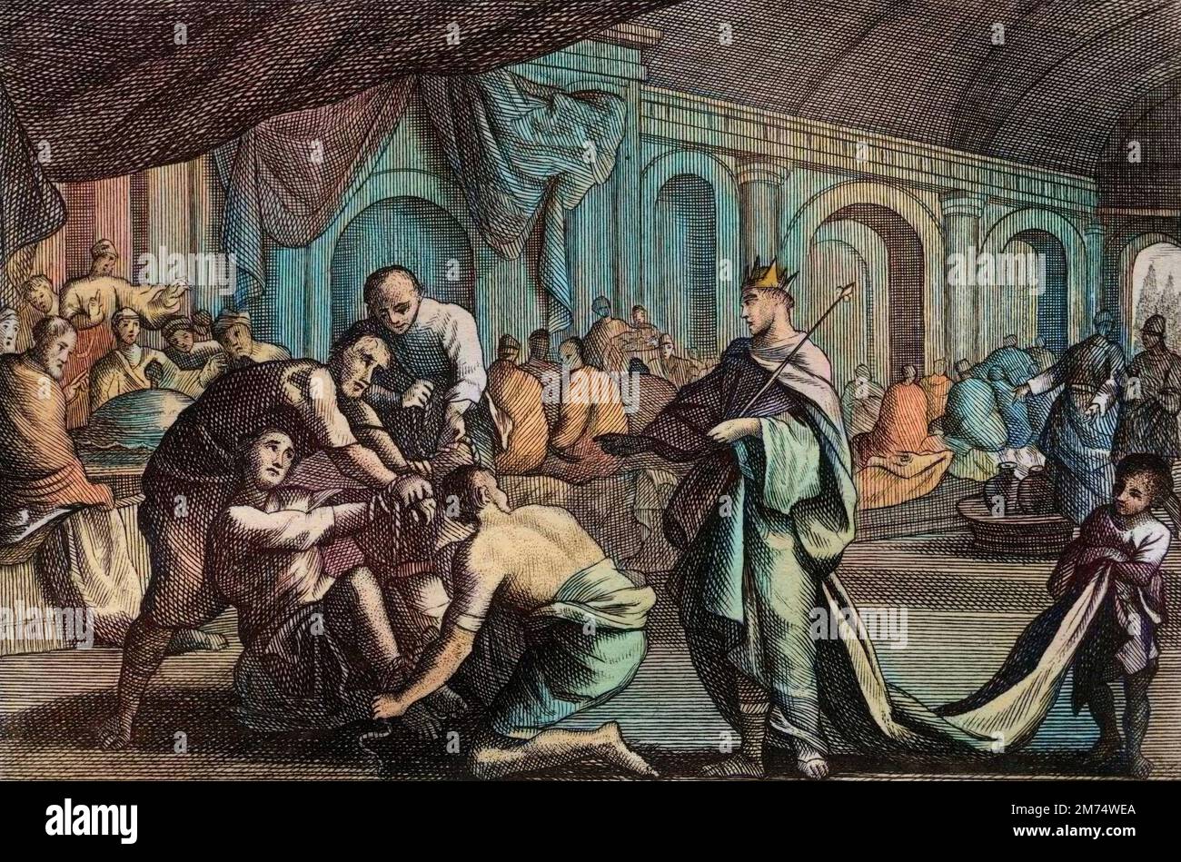 La Bibbia par le Sieur de Royaumont, Nouveau Testamento : Robe nuptiale. Parabole d'un Roi qui fit les noces de son fils, d'ou il rejeta un homme qui n'avait pas la robe nupizio. Gravure de 1811 - la Bibbia de Royaumont, nuovo Testamento : abito da sposa. Parabola di un re che fece il matrimonio di suo figlio, da cui rifiutò un uomo che non aveva l'abito da sposa. Incisione - colorazione successiva Foto Stock