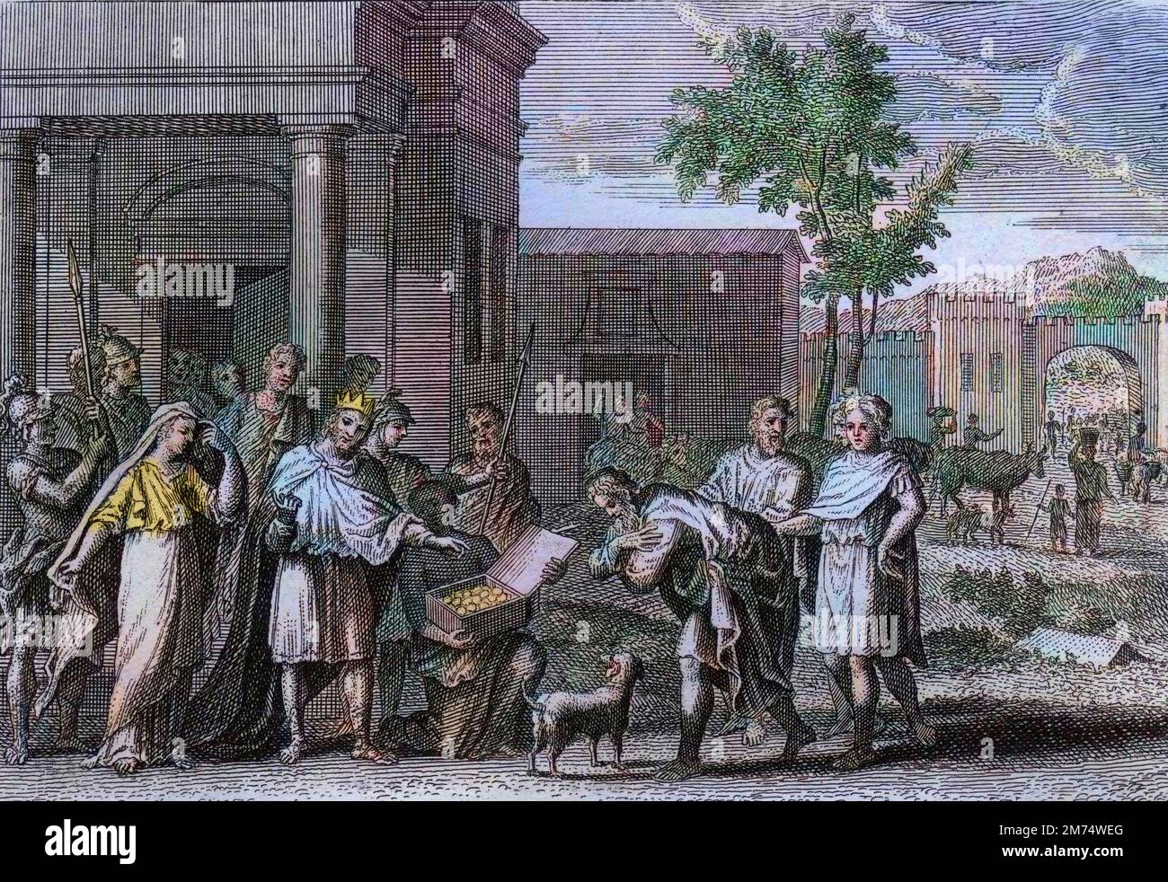 La Bibbia par le Sieur de Royaumont, Antico Testamento : Abimelech puni de Dieu. Abimelech (Abimelec ou Ahimelech ou Ahimelek), Roi de Guerar, ayant pris par force Sara (Sarah), femme d'Abraham, mais qu'il ne croyait etre que sa soeur, en est chatie de Dieu, et la rend a Abraham sans l'avoir touchee. Gravure de 1811 - la Bibbia di Royaumont, Antico Testamento : Abimelech punito da Dio. Abimelech (Abimelec o Ahimelek o Ahimelek), re di Guerar, dopo aver preso con forza Sara (Sara), moglie di Abramo, ma che egli credeva essere solo sua sorella, è punito da Dio, e la restituisce ad Abramo senza havi Foto Stock