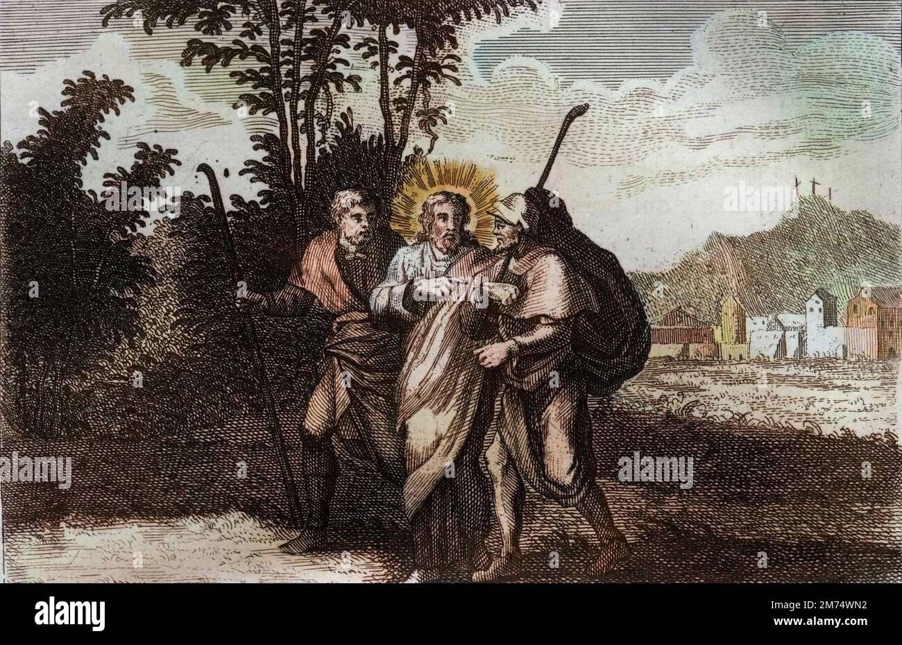 La Bibbia par le Sieur de Royaumont, Nouveau Testamento : discepoli d'Emmaus. Les deux discepoli d'Emmaus) incontro le Cristo risuscito. Gravure de 1811 - la Bibbia di Royaumont, nuovo Testamento : discepoli di Emmaus. I due discepoli di Emmaus) incontra il Cristo risorto. Incisione - colorazione successiva Foto Stock