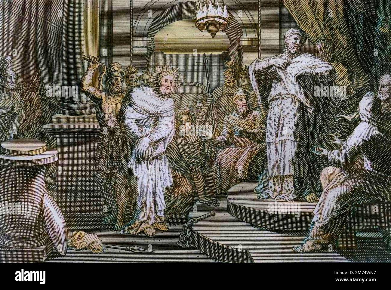 La Bibbia, par le Sieur de Royaumont, Nouveau Testamento : Gesù Cristo devant Caiphe et Anan (Hanan ou Anne ou Hanne). Gravure de 1811 - la Bibbia di Royaumont, nuovo Testamento : Gesù Cristo prima di Caiphe e Anan (Hanan o Anna o Hanne). Incisione - colorazione successiva Foto Stock