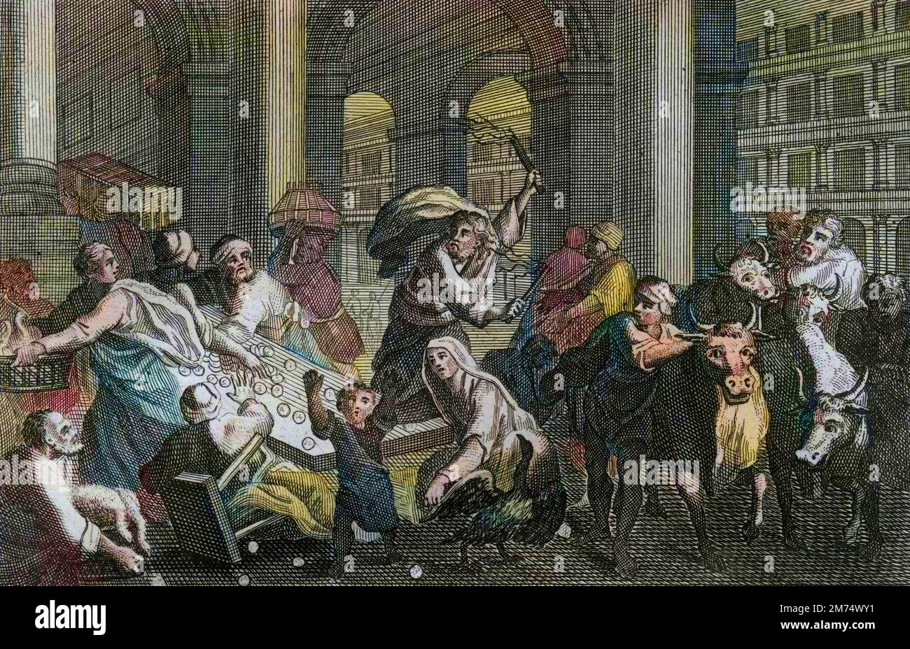 La Bibbia par le Sieur de Royaumont, Nouveau Testamento : Vendeurs Chasses du Temple. Gesù Cristo chasse du Temple ceux qui le profanaient par le trafic qu'ils y faisaient. Gravure de 1811 - la Bibbia di Royaumont, nuovo Testamento : Sellers cacciati dal Tempio. Gesù Cristo scasta dal Tempio coloro che lo profano per il traffico che vi fanno. Incisione - colorazione successiva Foto Stock