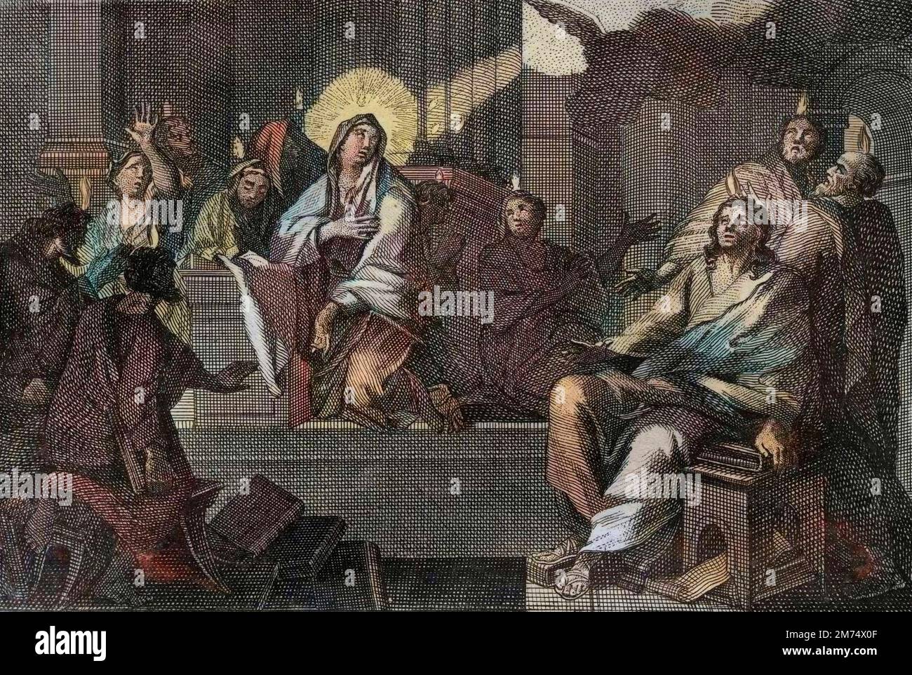 La Bibbia par le Sieur de Royaumont, Nouveau Testamento : Pentecote. Le saint Esprit (saint-Esprit) scendere sur la Vierge Marie et les Apotres. Gravure de 1811 - la Bibbia di Royaumont, nuovo Testamento : Pentecoste. Lo Spirito Santo discende sulla Vergine Maria e sugli Apostoli. Incisione - colorazione successiva Foto Stock