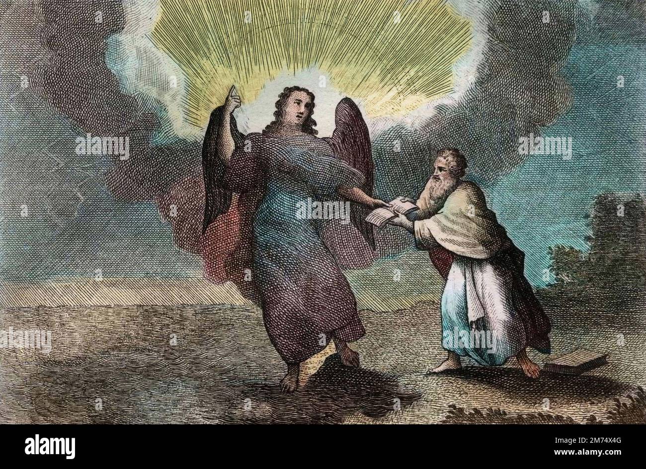 La Bibbia par le Sieur de Royaumont, Nouveau Testamento : Vision de Saint Jean. Vision de l'Ange avec un Livre ouvert donne a Saint Jean pour le devorer. Gravure de 1811 - la Bibbia di Royaumont, nuovo Testamento : visione di San Giovanni. Visione dell'Angelo con un libro aperto dato a San Giovanni per divorare. Incisione - colorazione successiva Foto Stock