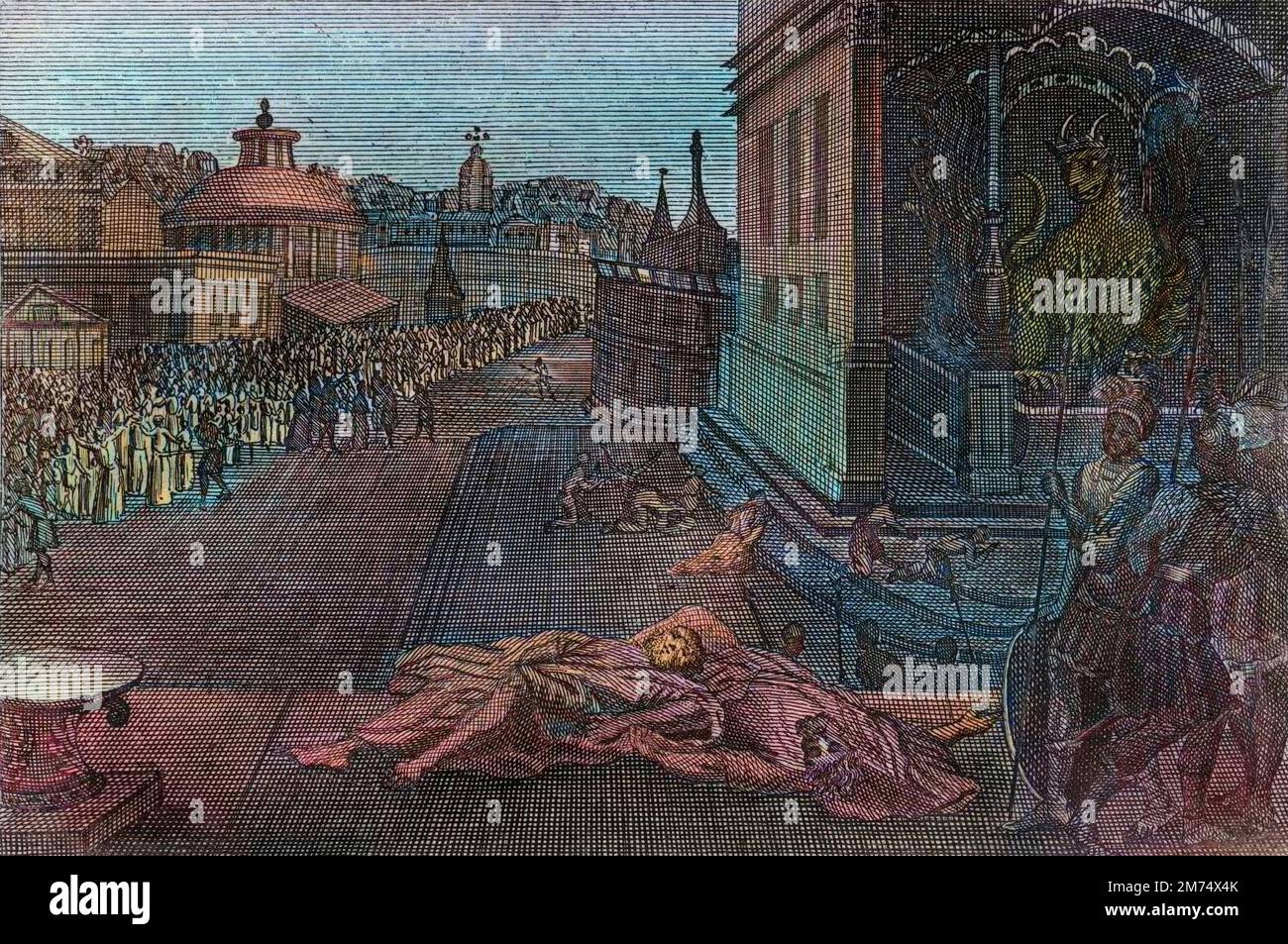 La Bibbia par le Sieur de Royaumont, Nouveau Testamento : Mort des deux Prophetes. Vision que Saint Jean eut de deux Prophetes tues, qui risusciterent ensuite. Settieme trompette de l'Apocalypse. Gravure de 1811 - la Bibbia di Royaumont, nuovo Testamento : morte dei due Profeti. Visione che San Giovanni aveva di due profeti morti, che poi risuscitarono. Settima tromba dell'Apocalisse. Illustrazione di 1811. Foto Stock