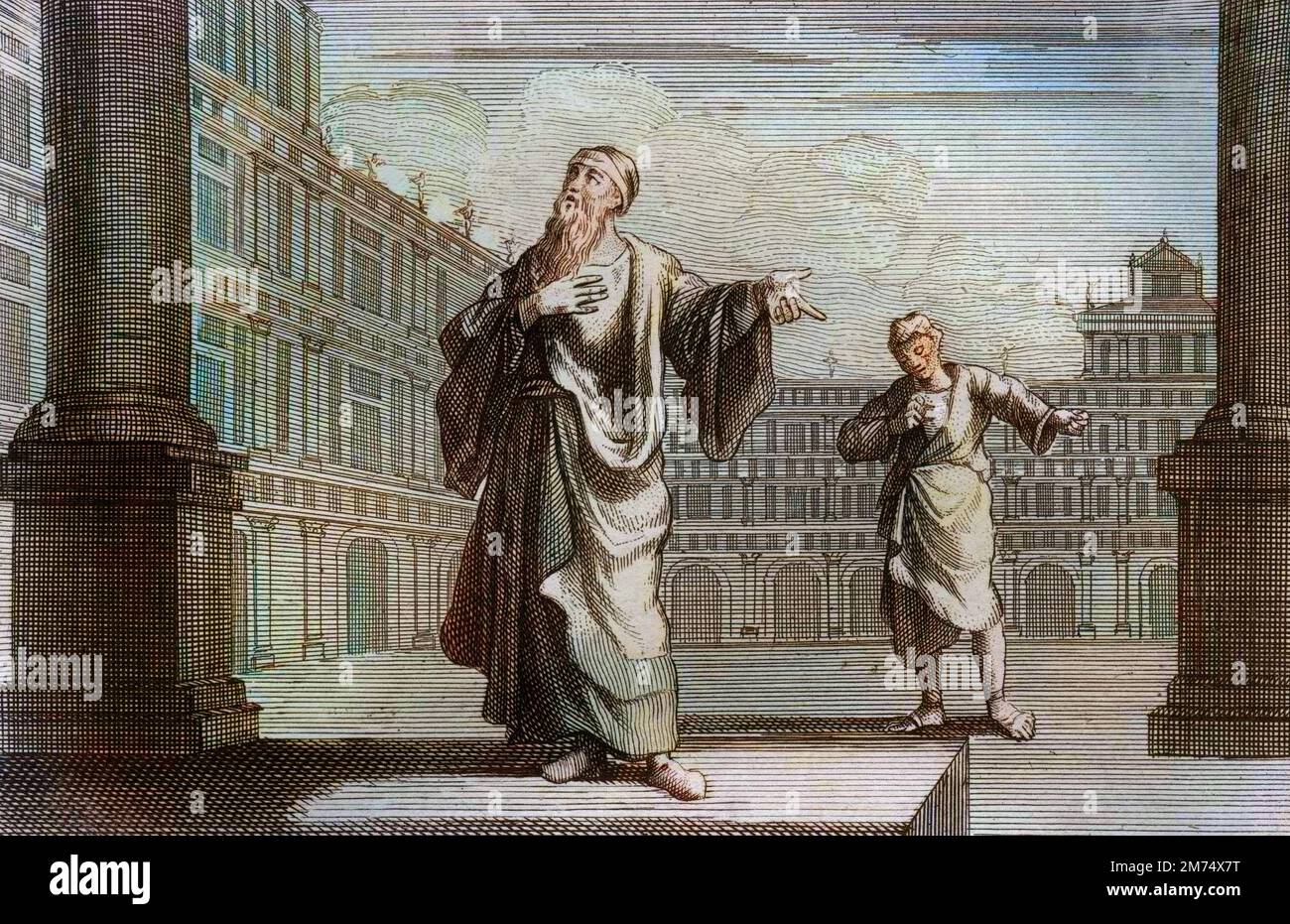 La Bibbia par le Sieur de Royaumont, Nouveau Testamento : Parabole du Pharisien et du Publicain, qui allerent prier au Temple. Gravure de 1811 - la Bibbia di Royaumont, nuovo Testamento : parabola del fariseo e del pubblicano, che andò a pregare nel Tempio. Incisione - colorazione successiva Foto Stock