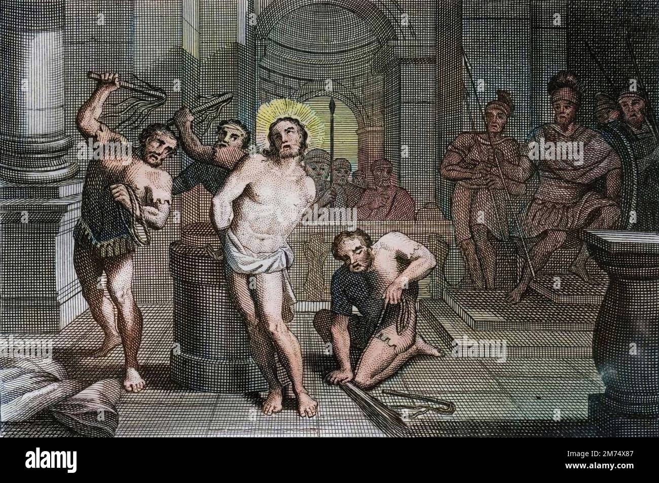 La Bibbia par le Sieur de Royaumont, Nouveau Testamento : Flagellation de Jesus Christ. Gravure de 1811 - la Bibbia di Royaumont, nuovo Testamento : Flagellazione di Gesù Cristo. Incisione - colorazione successiva Foto Stock