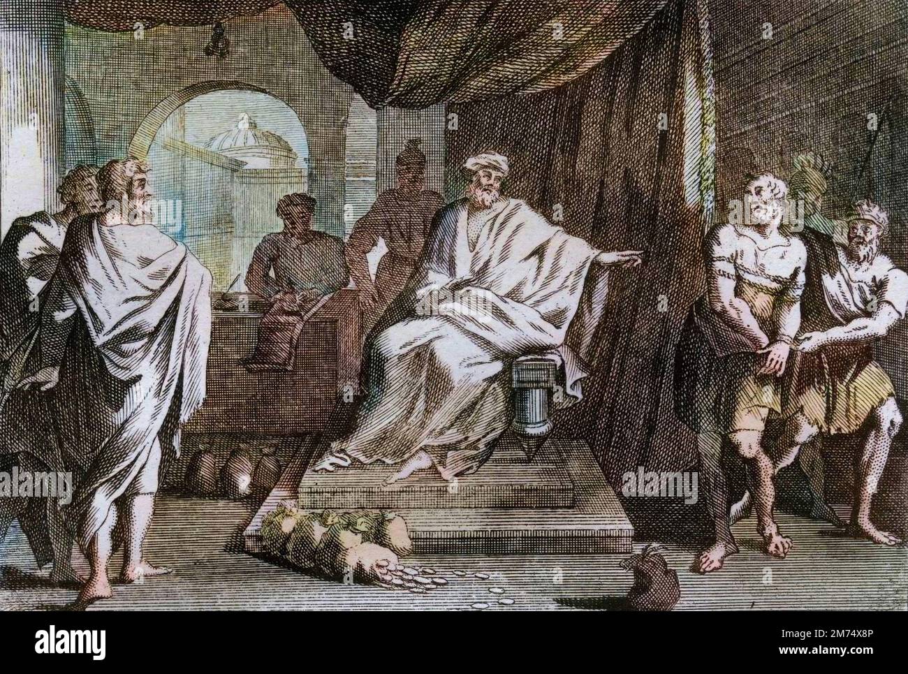 La Bibbia par le Sieur de Royaumont, Nouveau Testamento : parabole des Talents. Un maitre punit l'un de ses serviteurs qui a cache l'argent qu'il lui avait donne. Gravure de 1811 - la Bibbia di Royaumont, nuovo Testamento : parabola dei talenti. Un padrone punisce uno dei suoi servi che nascose il denaro che gli aveva dato. Incisione - colorazione successiva Foto Stock