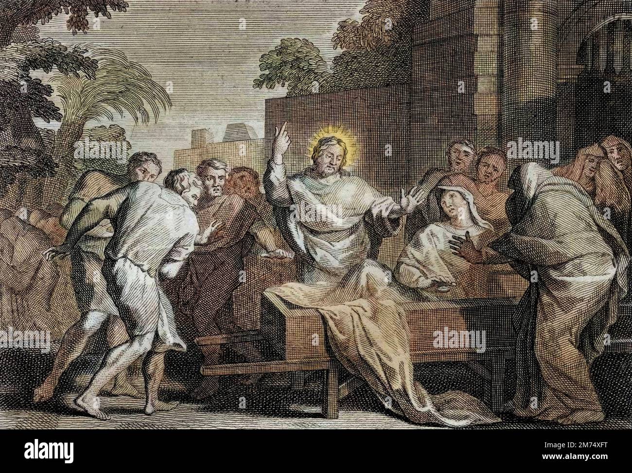 La Bibbia par le Sieur de Royaumont, Testamento in Nouveau : Fils de la veuve de Naim. Jesus Christ resuscite le fils d'une veuve de la ville de Naim. Gravure de 1811 - la Bibbia di Royaumont, nuovo Testamento : Figlio della vedova di Naim. Gesù Cristo alza il figlio di una vedova nella città di Naim. Incisione - colorazione successiva Foto Stock