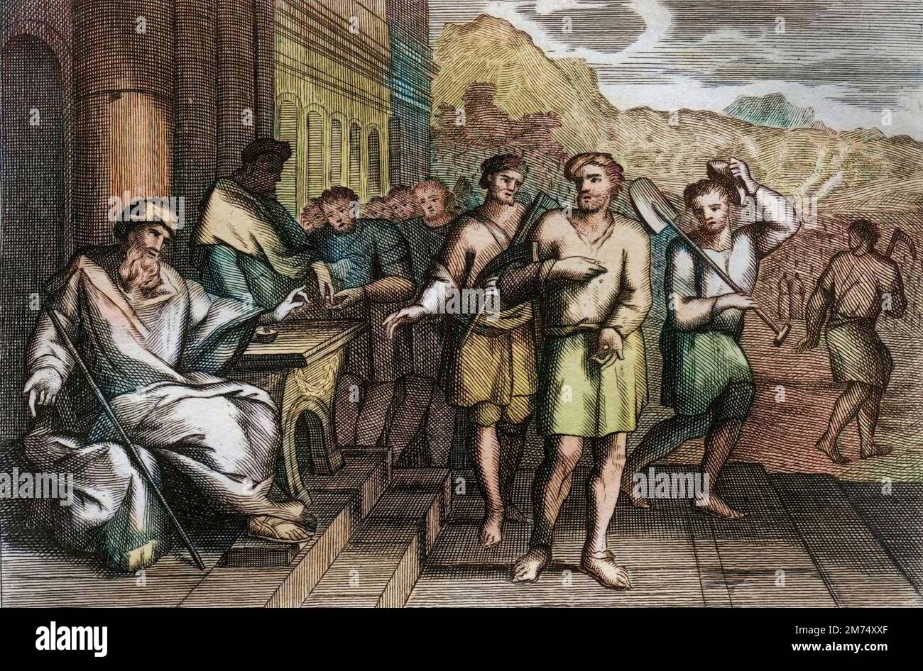 La Bibbia par le Sieur de Royaumont, Nouveau Testamento : parabole des travailleurs de la vigne ou parabole des ouvriers de la onzieme heure. Des ouvriers que le Pere de famille envoie travailler a sa vigne. Gravure de 1811 - Bibbia di Royaumont, nuovo Testamento : parabola degli operai nella vigna o parabola degli operai dell'undicesima ora. Operai che il Padre della famiglia invia per lavorare nella sua vigna. Incisione - colorazione successiva Foto Stock