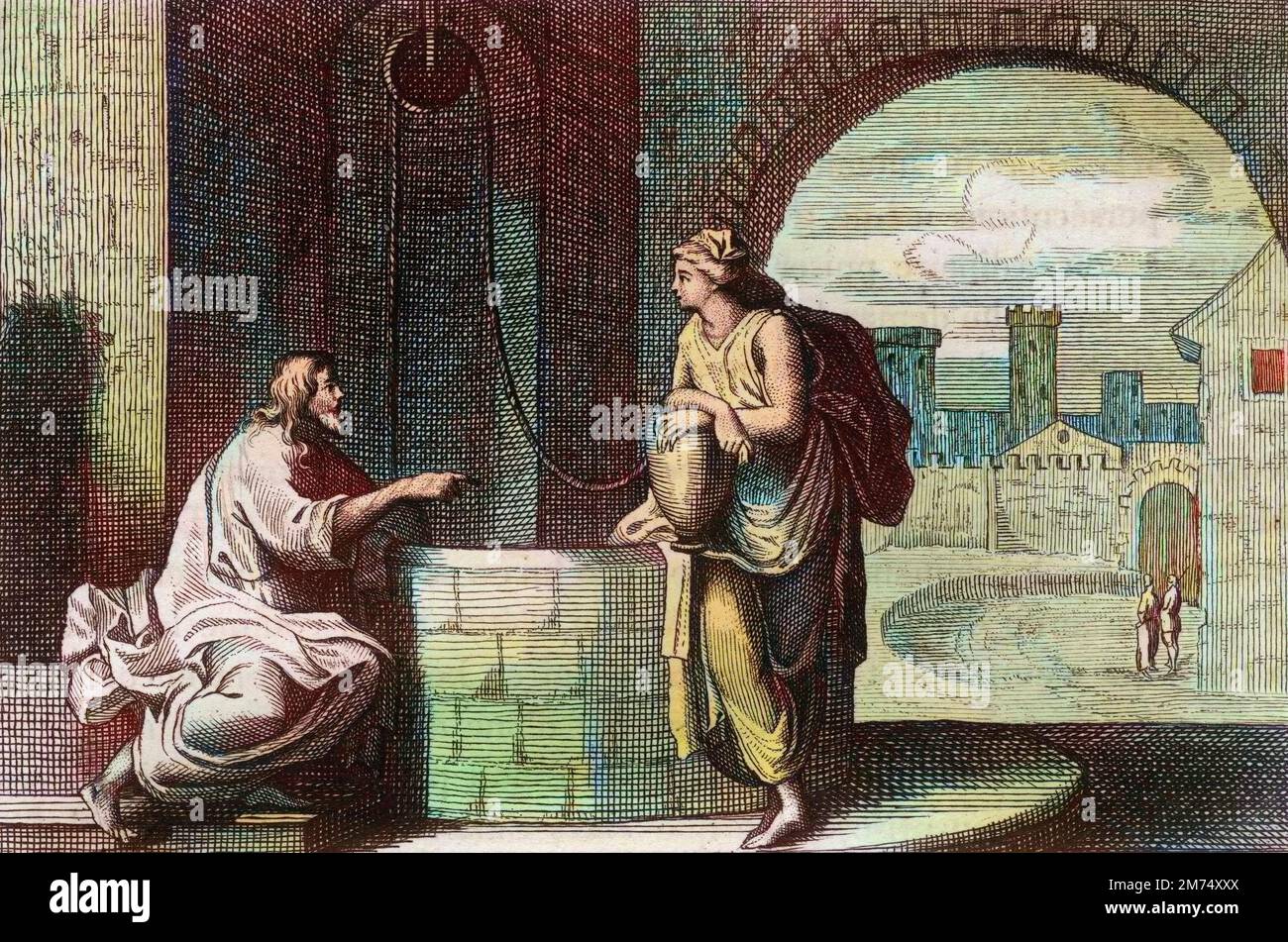 La Bibbia par le Sieur de Royaumont, Nouveau Testamento : le Christ et la Samaritaine au puits. Gesù Cristo convert une femme Samaritaine. Gravure de 1811 - Bible de Royaumont, nuovo Testamento : Cristo e la donna samaritana al pozzo. Gesù Cristo converte una donna samaritana. Incisione - colorazione successiva Foto Stock