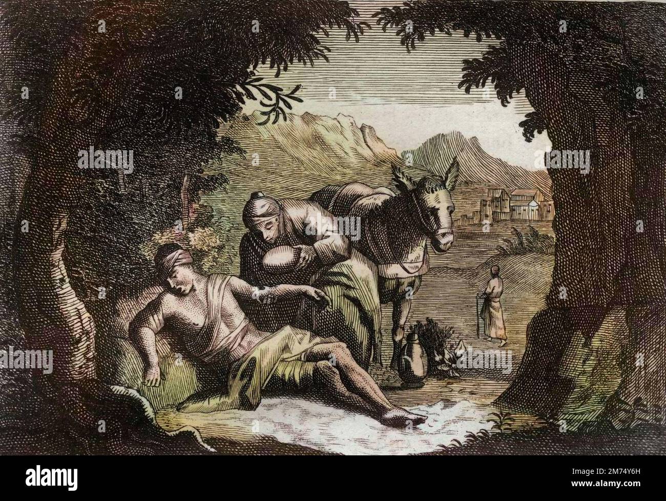 La Bibbia par le Sieur de Royaumont, Nouveau Testamento : la parabole du Bon Samaritain. Le Samaritain s'arretant sur son chemin pour secourir l'homme en detresse. Gravure de 1811 - la Bibbia di Royaumont, nuovo Testamento : la parabola del buon Samaritano. Il Samaritano si ferma sulla sua strada per aiutare l'uomo in difficoltà. Incisione - colorazione successiva Foto Stock