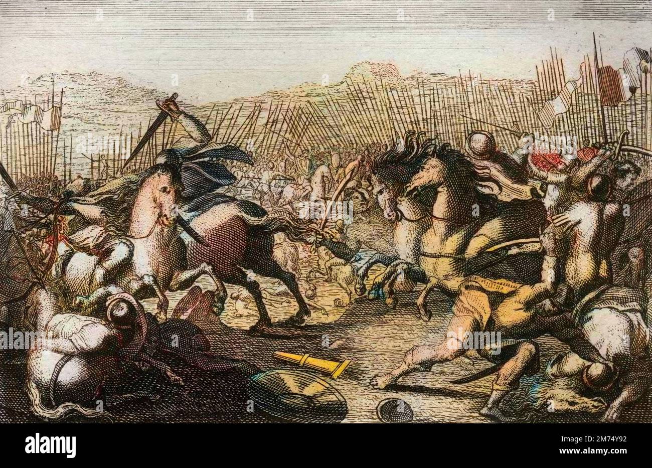 La Bibbia par le Sieur de Royaumont, Antico Testamento : Victoire de Judas. Judas Machabee (Maccabee, Macabee) defait, en somers combats, Apollonio, Seron, Tolomeo Macron, Gorgia, Nicanor et Lysias. Gravure de 1811 - la Bibbia di Royaumont, Antico Testamento : Vittoria di Giuda. Judas Machabee (Maccabee, Macabee) sconfigge, in vari combattimenti, Apollonio, Seron, Tolomeo Macron, Gorgia, Nicanor e Lysias. Incisione - colorazione successiva Foto Stock