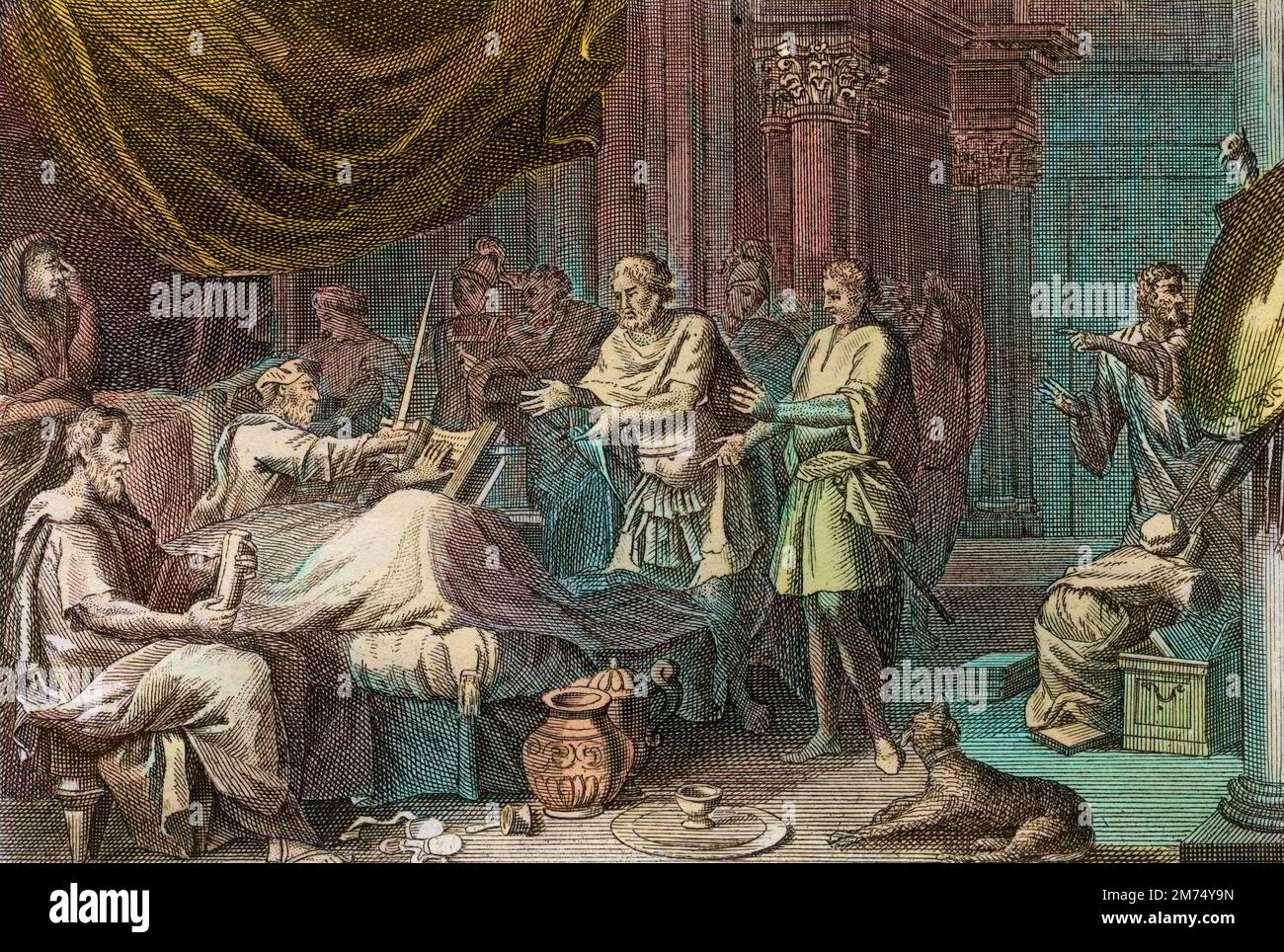 La Bibbia par le Sieur de Royaumont, Antico Testamento : Giuda machabee. Judas Machabee (Maccabee, Macabee) succede a un figlio pere Matathias (Matathias, Mattathias) dans la conduite de l'armee, et soutient tout le peuple Juif contre l'oppression des Seleucides. Gravure de 1811 - la Bibbia di Royaumont, Antico Testamento : Giuda Machabee. Giuda Machabee (Maccabee, Macabee) succede a suo padre Matathias (Matathias, Mattathias) nel guidare l'esercito, e sostiene l'intero popolo ebraico contro l'oppressione dei Seleucidi. Incisione - colorazione successiva Foto Stock