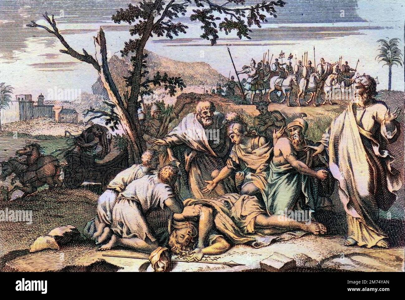 La Bibbia par le Sieur de Royaumont, Antico Testamento : Mort de l'immie Antiochos. La mort effroyable du Roi seleucide Antiochos IV Epiphane (175-164 AV. JC) apres une chute de cheval. Gravure de 1811 - la Bibbia di Royaumont, Antico Testamento : morte dell'indolore Antiochos. La morte raccapricciante del re Seleucido Antioco IV Epifane (175-164 a.C.) dopo una caduta dal suo cavallo. Incisione - colorazione successiva Foto Stock