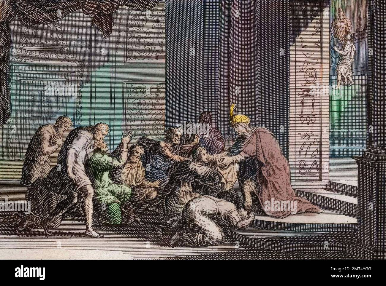 La Bibbia par le Sieur de Royaumont, Antico Testamento : Joseph se fait reconnaitre de ses freres. Gravure de 1811 - la Bibbia di Royaumont, Antico Testamento : Giuseppe è riconosciuto dai suoi fratelli. Incisione - colorazione successiva Foto Stock