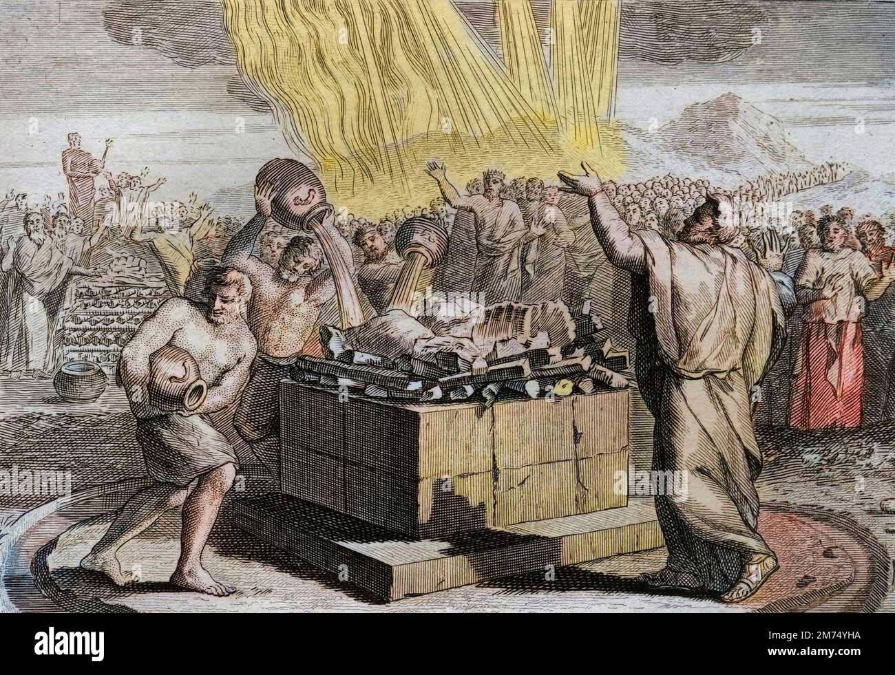 La Bibbia par le Sieur de Royaumont, Antico Testamento : sacrificio d'Elie. Aant fait reconnaitre le vrai Dieu par le Miracle du feu qui discendit du ciel sur son sacrificate, commanda au peuple de faire mourir les quatre cents cinquante Pretres de l'idole de Baal (Ba'al). Gravure de 1811 - la Bibbia di Royaumont, Antico Testamento : sacrificio di Elia. Fatto conoscere il vero Dio per il miracolo del fuoco che scese dal cielo con il suo sacrificio, ordinò al popolo di uccidere i quattrocentocinquanta sacerdoti dell'idolo di Baal (Ba'al). Incisione - colorazione successiva Foto Stock