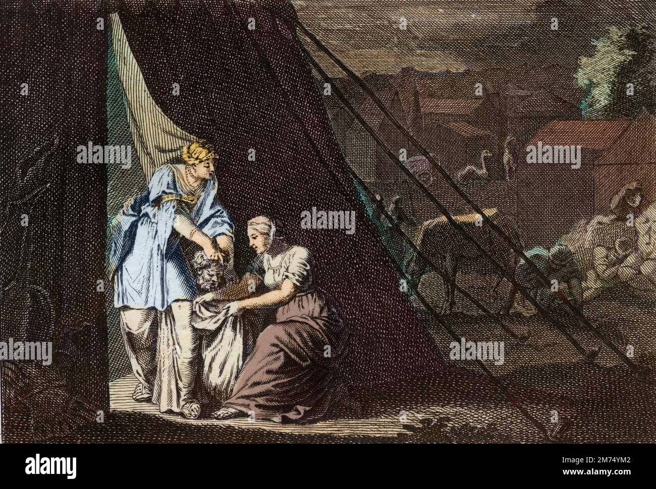 La Bibbia par le Sieur de Royaumont, Antico Testamento : Mort d'Holopherne. Judith coupé la tete a Holopherne aidee de la servante Abra, et delivre Bethulie. Gravure de 1811 - la Bibbia di Royaumont, Antico Testamento : morte di Holofernes. Judith taglia la testa di Holofernes con l'aiuto del servo Abra, e consegna Betulia. Incisione - colorazione successiva Foto Stock