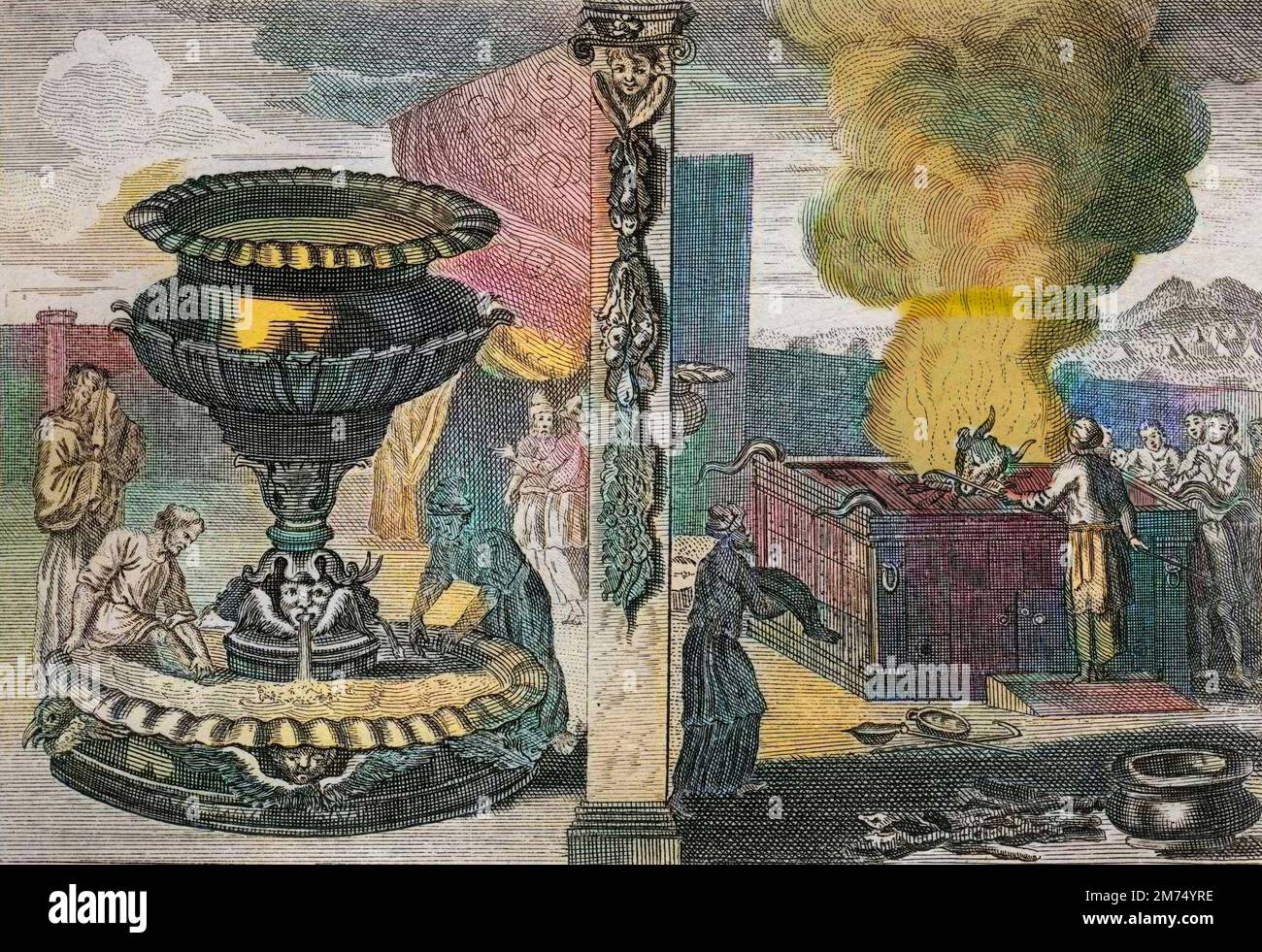 La Bibbia par le Sieur de Royaumont, Antico Testamento : Autel des parfums. Figure des deux Autels, de celui des Parfums, et de celui des Holocaustes. Gravure de 1811 - la Bibbia di Royaumont, Antico Testamento : altare dei profumi. Figura dei due altari, quello dei profumi e quello degli olocausti. Incisione - colorazione successiva Foto Stock