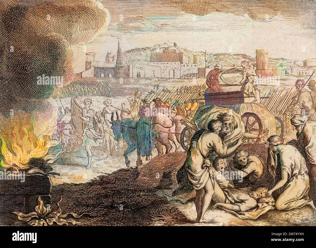 La Bibbia par le Sieur de Royaumont, Antico Testamento : Oza frappe de Dieu. David veut faire revenir l'Arche d'Alliance chez lui. Mort d'Oza qui y mit la main pour l'empecher de tomber. Gravure de 1811 - la Bibbia di Royaumont, Antico Testamento : Oza colpisce da Dio. Davide vuole riportare a casa l'Arca dell'Alleanza. La morte di Oza che vi mise la mano per impedirne la caduta. Incisione - colorazione successiva Foto Stock