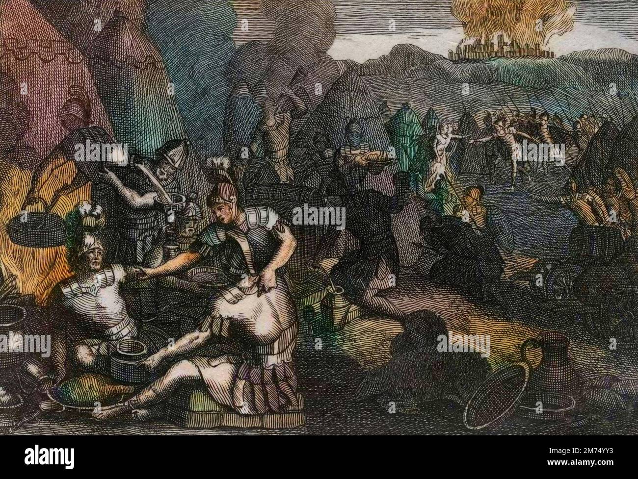 La Bibbia par le Sieur de Royaumont, Antico Testamento : Voleurs de Siceleg. Quelques Amalecites viennent piller Sicelog en l'assence de David. Il Court furieux et les defait. Gravure de 1811 - la Bibbia di Royaumont, Antico Testamento : ladri di Sicelog. Alcuni Amalekiti vengono a saccheggiare Sicelog in assenza di Davide. Corre furiosamente e li sconfigge. Incisione - colorazione successiva Foto Stock