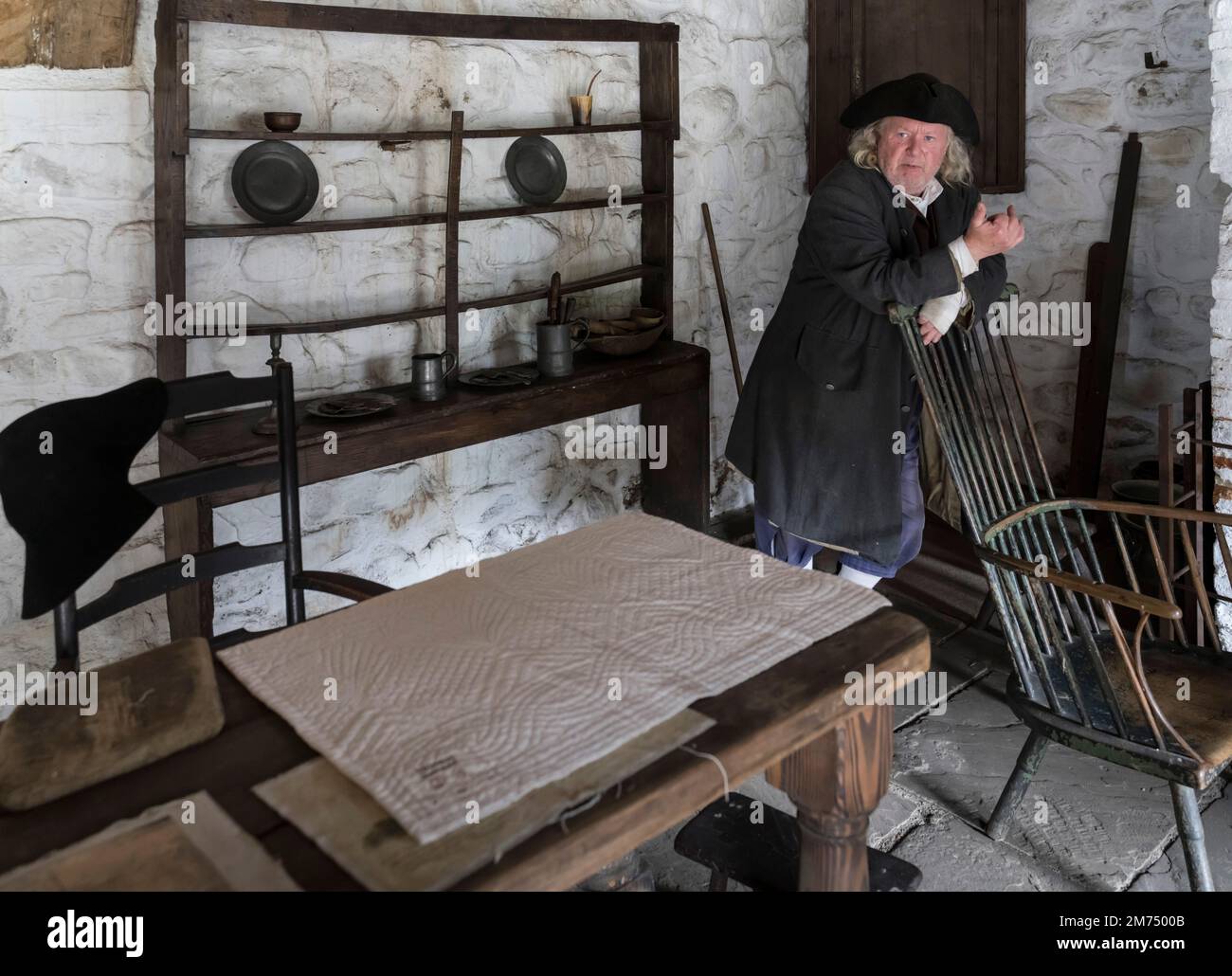 Beamish The Living Museum of the North, Stanley, County Durham. Il personale è anche esperto e riattore dei ruoli. Trapuntatrice. Foto Stock