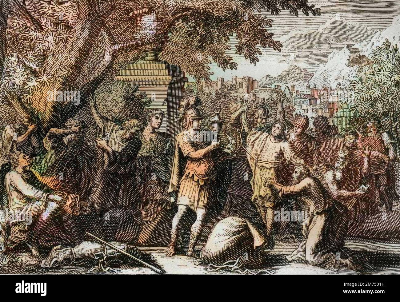 La Bibbia par le Sieur de Royaumont, Antico Testamento : Freres de Joseph. Joseph fait mettre ses freres en penitenziario. Gravure de 1811 - la Bibbia di Royaumont, Antico Testamento : Fratelli di Giuseppe. Giuseppe ha i suoi fratelli messi in prigione. Incisione - colorazione successiva Foto Stock