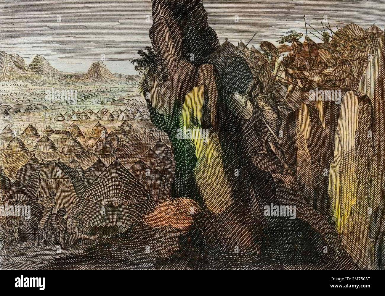 La Bibbia par le Sieur de Royaumont, Antico Testamento : Jonathan et son ecuyer. Jonathan, fils du Roi Saul, va seul avec figlio ecuyer dans le camp des Philistins, et les met en fuite. Gravure de 1811 - la Bibbia di Royaumont, Antico Testamento : Jonathan e il suo Squire. Gionathan, figlio del re Saul, va da solo con il suo scudiero nell'accampamento dei Filistei e li mette in fuga. Incisione - colorazione successiva Foto Stock