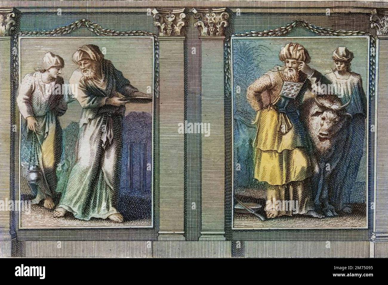 La Bibbia par le Sieur de Royaumont, Ancien Testament : Habits des Pretres. Figure des habits du Grand Pretre (Grand-Pretre), et des autres Levites. Gravure de 1811 - la Bibbia di Royaumont, Antico Testamento : Habits des Pretres. Figura dei paramenti del Gran sacerdote (Grand-Pretre) e degli altri Leviti. Incisione - colorazione successiva Foto Stock