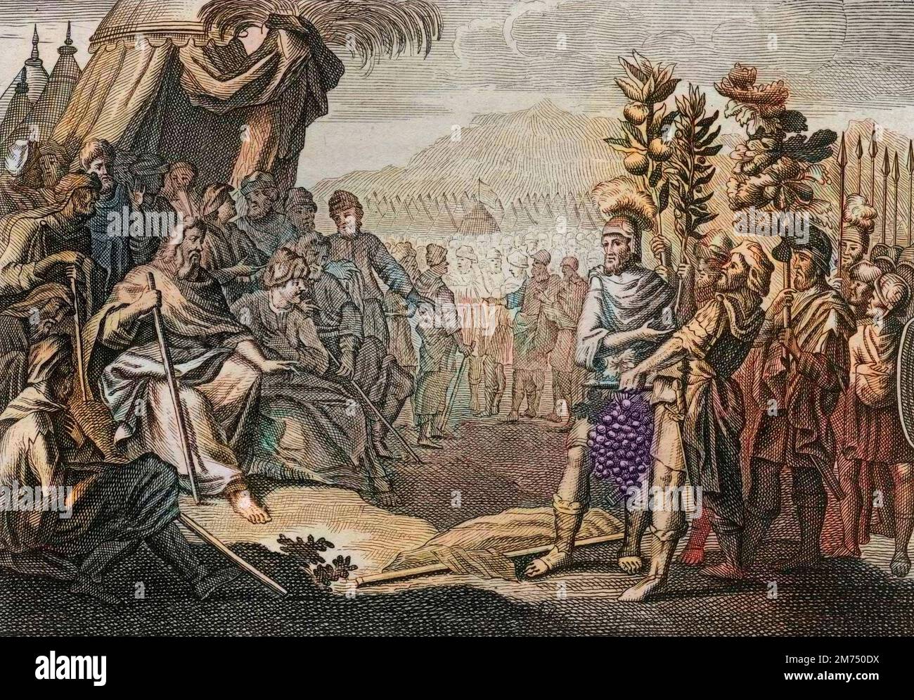 La Bibbia par le Sieur de Royaumont, Ancien Testament : Douze espipions. Moise envoie douze campioni pour reconnaitre la terre de Canaan (Terre Promise). ILS font murmorer le peuple, et Dieu, pour le punir de ce murmure, l'assicuration qu'il n'entrera jamais dans cette terre. Gravure de 1811 - la Bibbia di Royaumont, Antico Testamento : dodici spie. Mosè invia dodici spie per riconnoiter la terra di Canaan (Terra promessa). Fanno mormorare il popolo, e Dio, per punirli per questo mormorio, li assicura che non entreranno mai in questa terra. Incisione - colorazione successiva Foto Stock